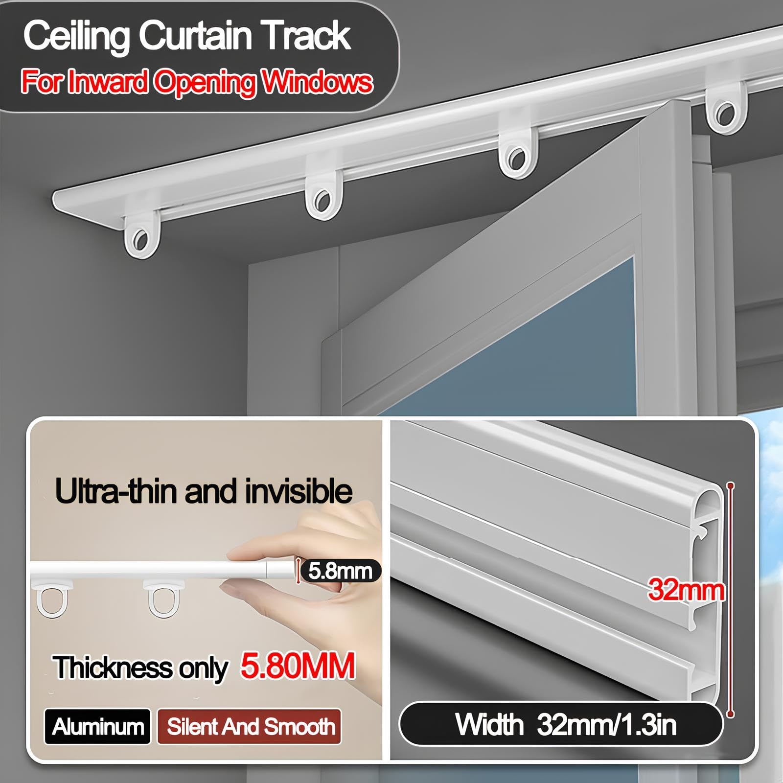 Rail De Rideau De Plafond Ultra-Fin Rideau Rail Tringle A Rideaux Silencieux En Alliage D'aluminium Pour Bureau, Salon, Chambre(160cm (2 * 80cm))