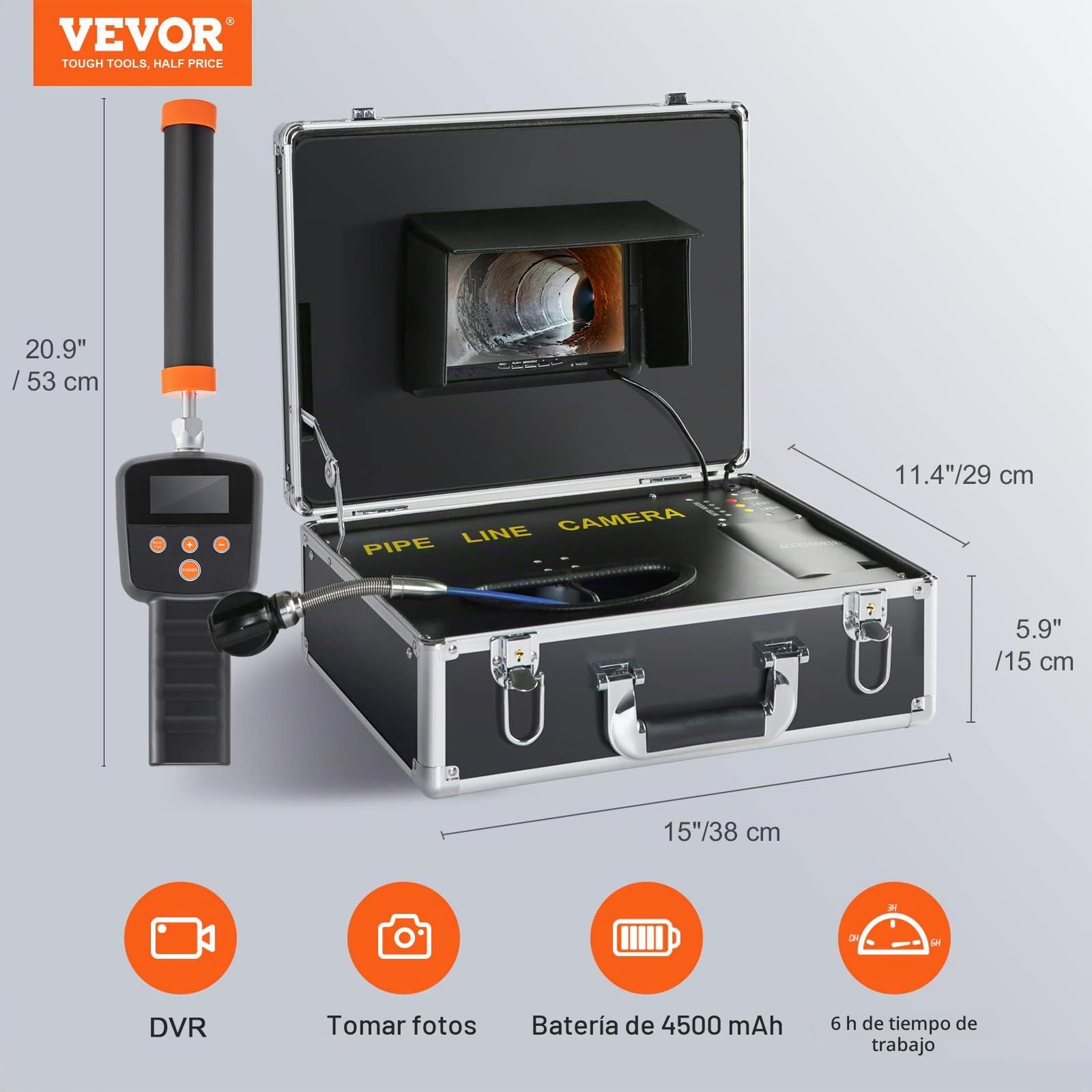 VEVOR Cámara de Inspección de Drenaje con 512 Hz Localizador Endoscopio Drenaje 30m Pantalla 7" IP68 Impermeable Grabadora DVR 12 LEDs Ajustables 16 GB Tarjeta SD para Tuberías de Alcantarillado Hogar