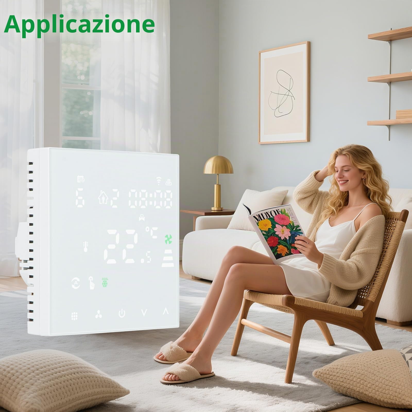 Wengart Termostato Fan Coil WiFi WG607AC, AC230V Max3A 2.4GHz Wi-Fi APP TUYA Quattro Tubi per Aria Condizionata, Compatibile con Alexa Echo/Google Home, Bianco