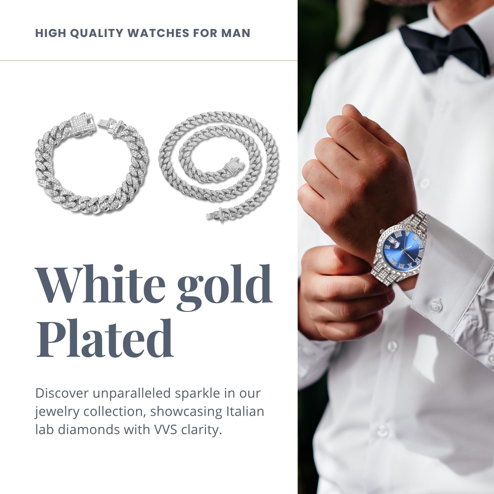 Męski zegarek z diamentem - Okrągła tarcza 40 mm z cyframi rzymskimi w 3 kolorach - pozłacany 18K złotem/platynowy pasek 22 cm - japoński kwarc - kompatybilny z opcjonalnym łańcuchem
