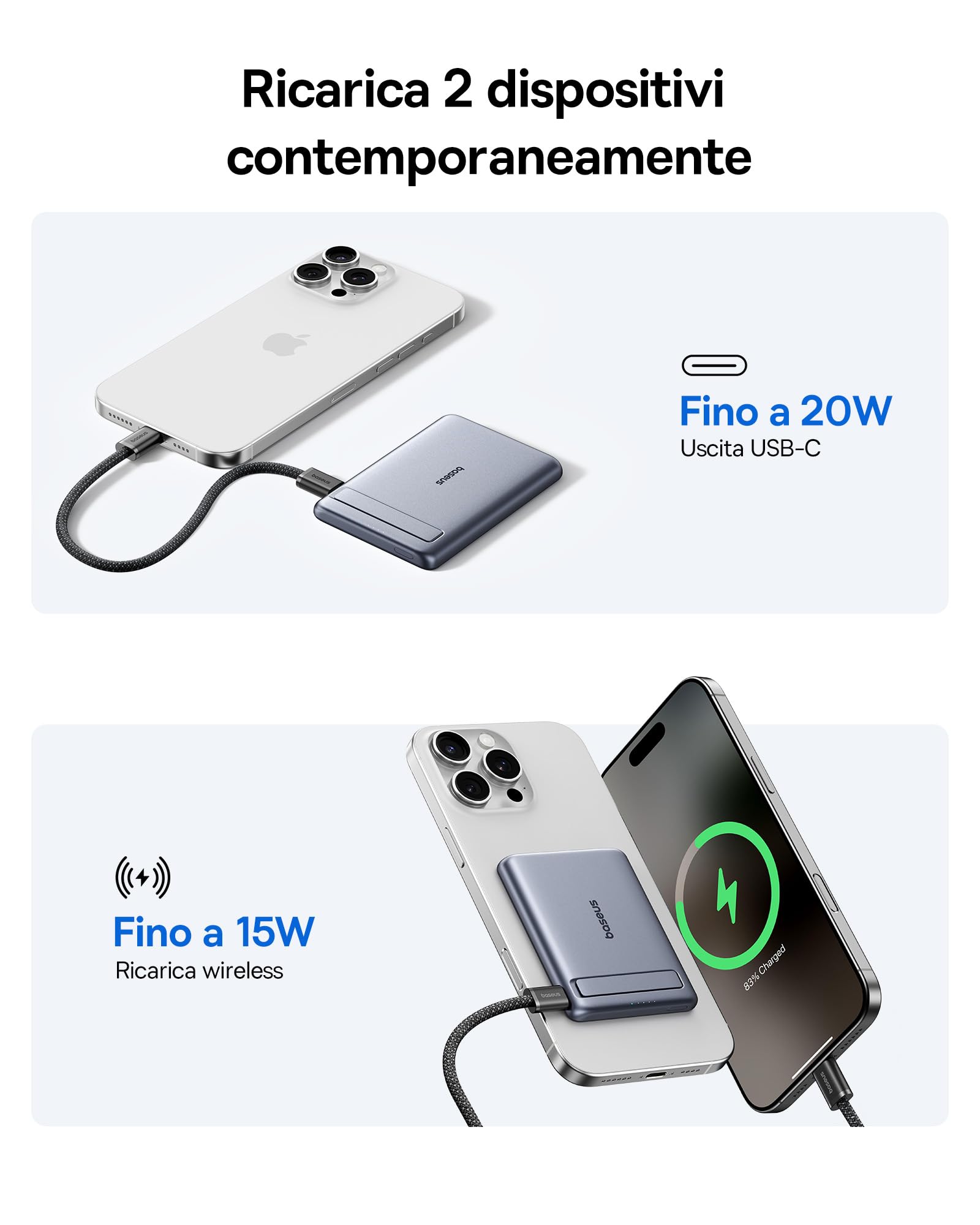 Baseus Mini Magsafe Powebank 5000mAh 20W con Supporto Pieghevole, Qi2-Certificato Magnetico Power Bank Magnetic Ricarica Rapida Batteria Esterna per iPhone 16/15/14/13/ 12/PRO/PRO Max Series, Grigio