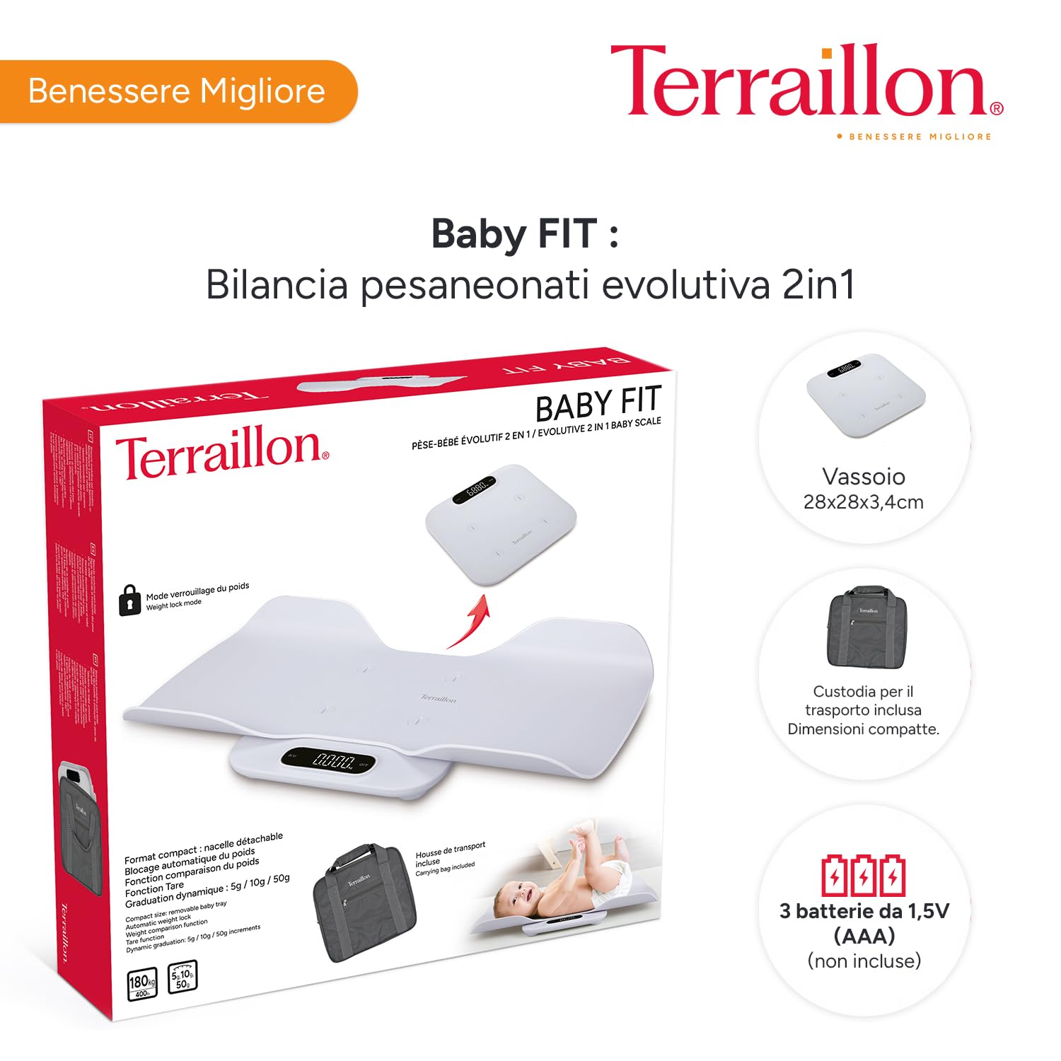 TERRAILLON - BABY FIT - Pesa bambino 2 in 1 elettronica, navicella staccabile, funzione confronto peso, blocco bambino, gradazione 5-10-15 g, capacità 180 kg copertura inclusa, bianco