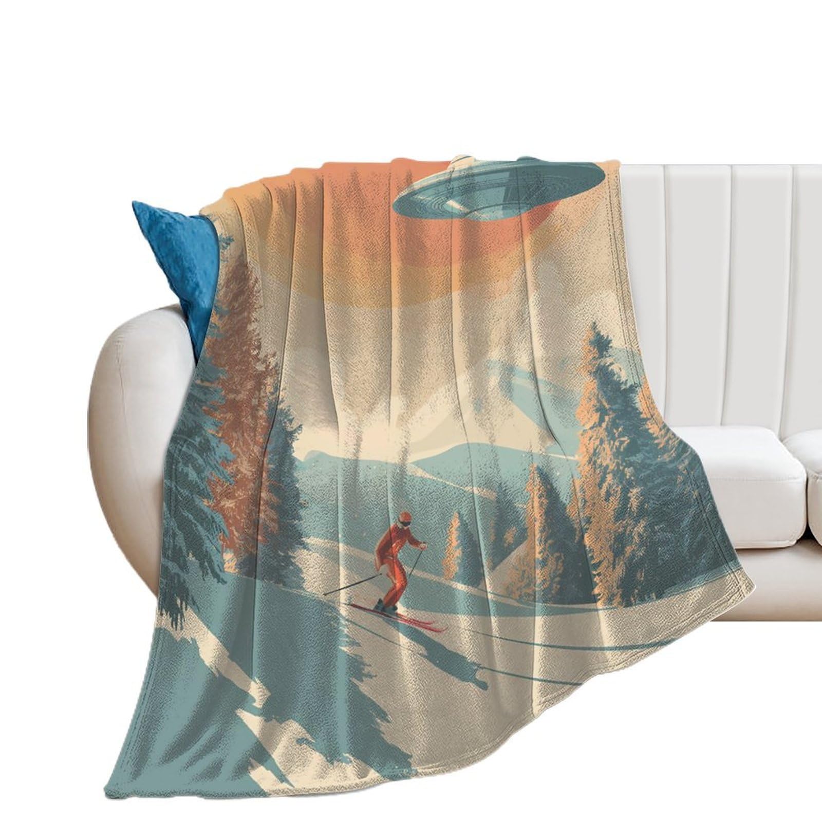 A Skier with Aliens Coperta in flanella da 250 g/m², anti-pelucchi, per letto, divano, camera da letto, ufficio