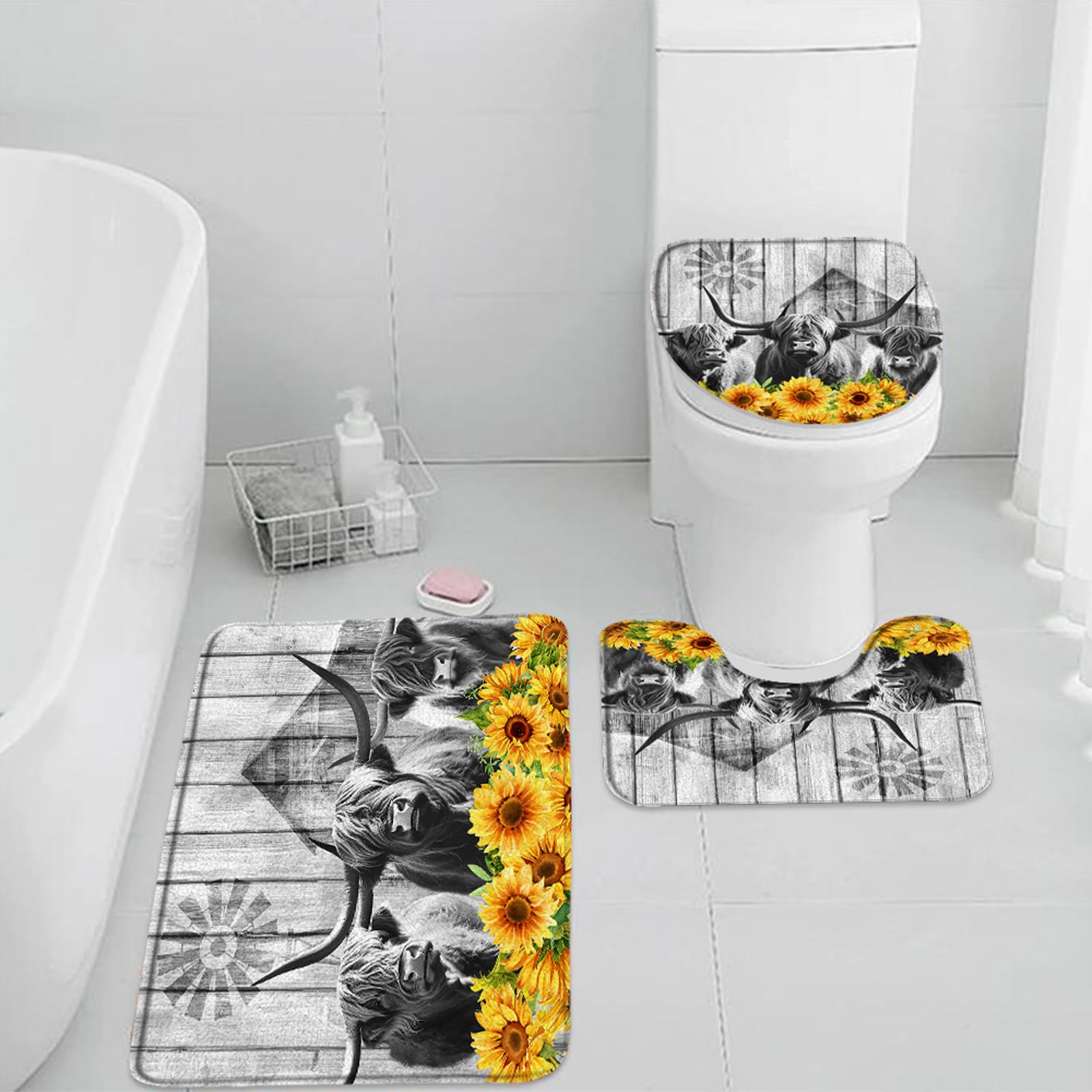 3 Pieces Set Farmhouse Highland Cow Bath Mat Longhorn Bull Farm Animal Wildlife Cattle Windmill Sunflower Floral Rustic Yellow Flower Wood Board Bathroom Rugs Toilet Lid Cover Pedestal Rug U-Shaped