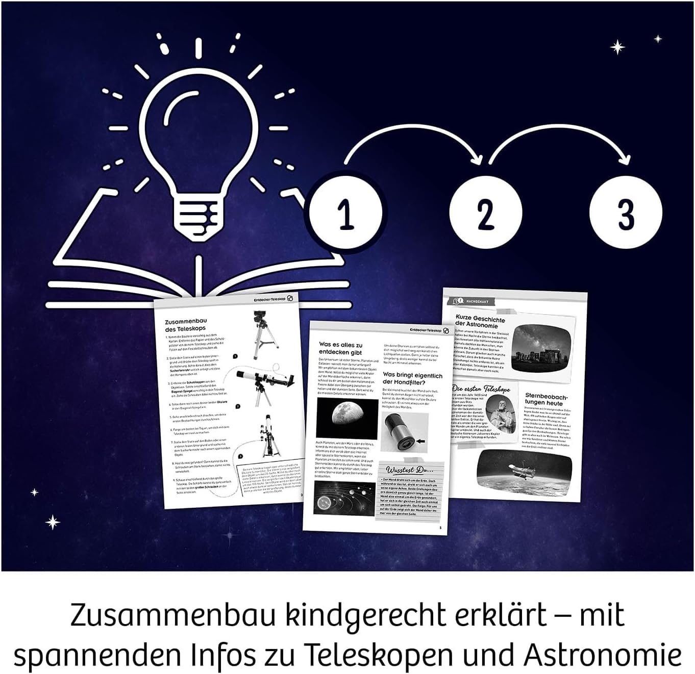 KOSMOS 676889 Entdecker-Teleskop, Starter-Set für Einsteiger und Kinder ab 8 Jahre, 2 Okulare für 20-fache od. 100-fache Vergrößerung, tragbares Reise-Teleskop, Experimentierkasten, Astronomie, Mint