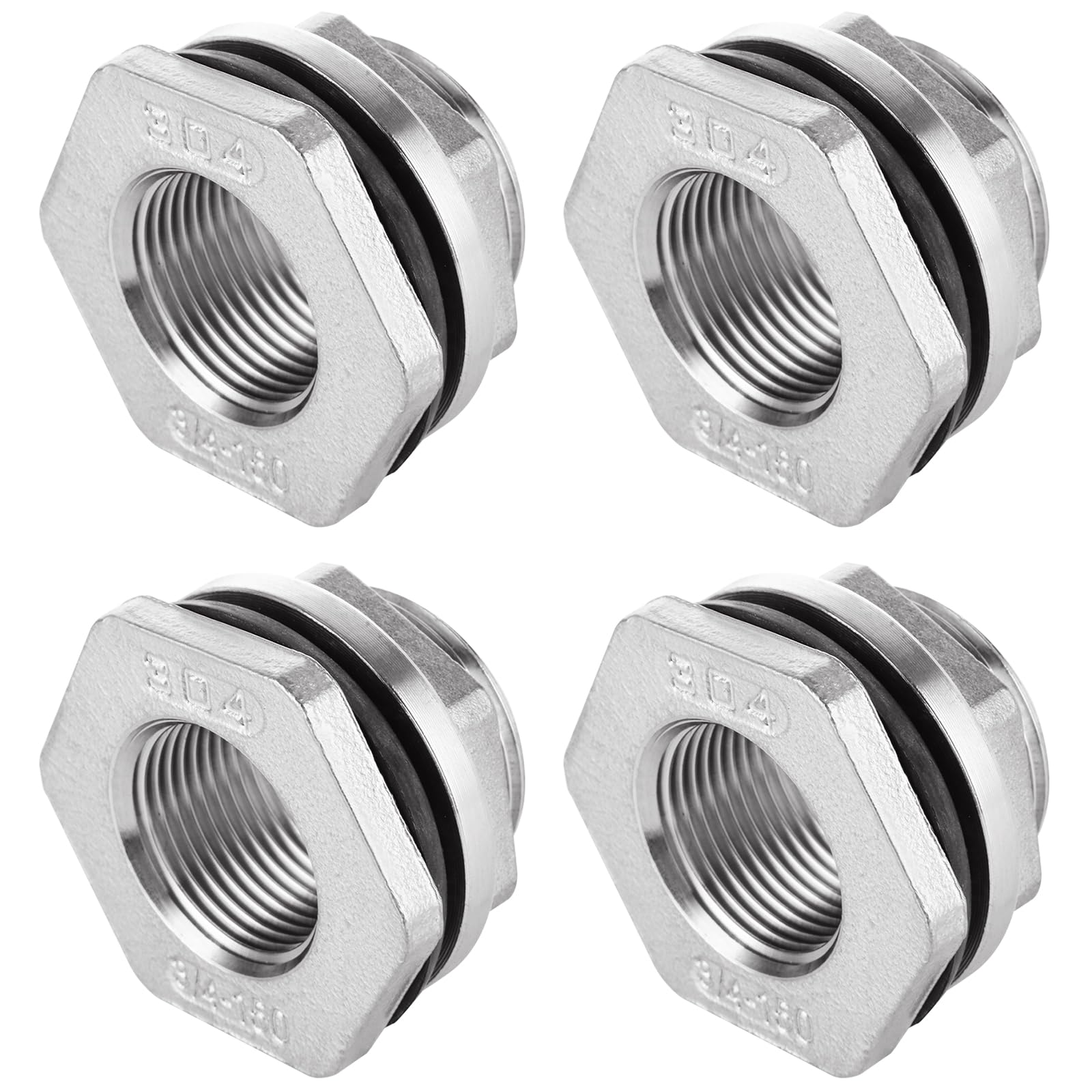 RHBLME 4 Pack 304 Stainless Steel Bulkhead Fitting 1/2 Inch, FPT Bulkhead Water Tank Connector Adapter Fitting with Gasket for Bathtub, Water Tank, Sink, etc