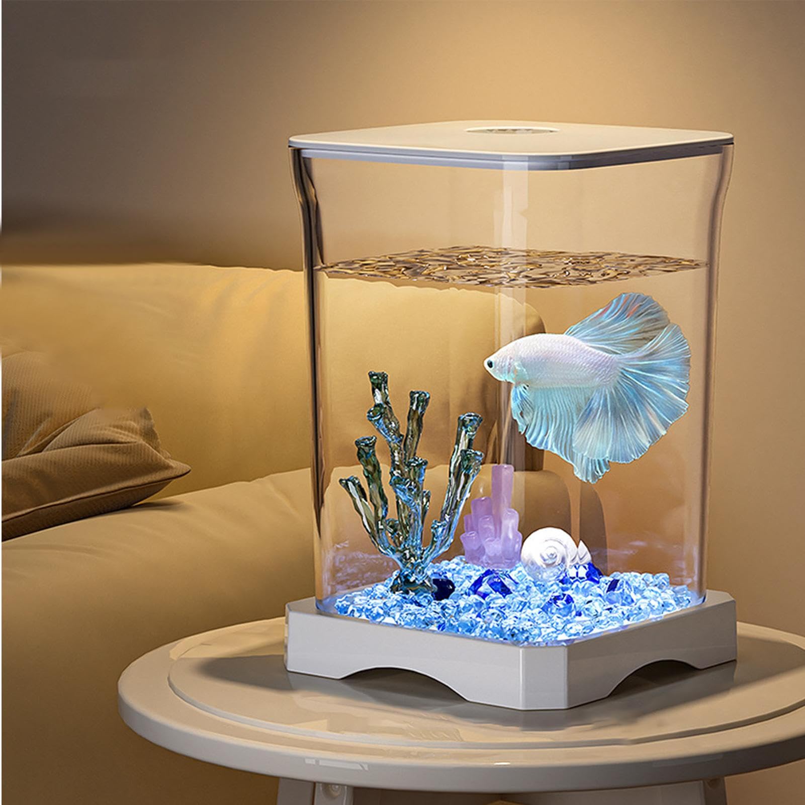Pecera Betta pequeña: nanoacuario acrílico con iluminación Ambiental LED, Cuenco Betta de Escritorio con Orificio de alimentación para Estudio en la Oficina en casa, Kit de iniciación para — view 8