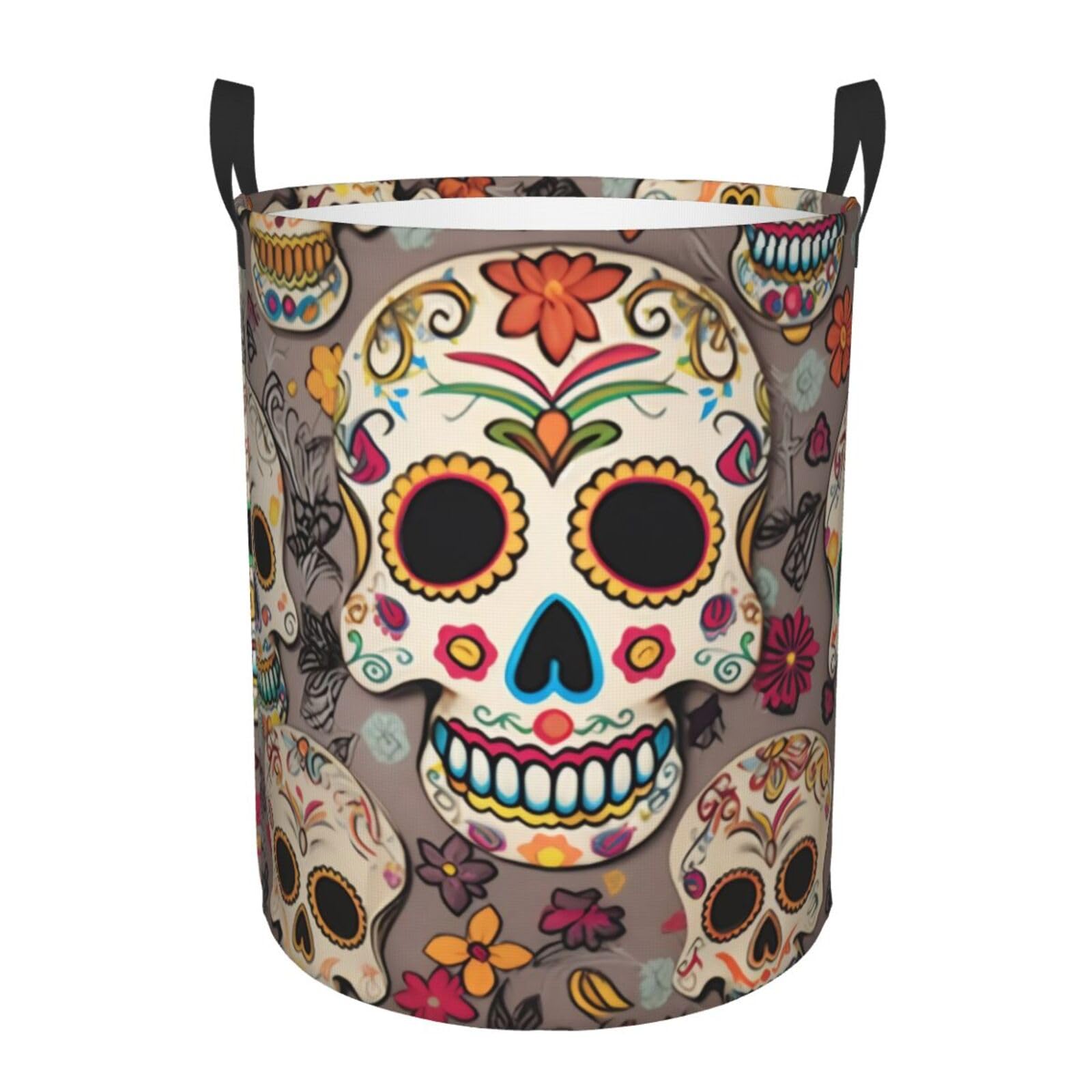 Circular Laundry Basket/Mexican Skull/Foldable Dirty Clothes Storage Hamper, With Handles, Water Resistant, For Bedroom Bathroom Storage Bins 50x40cm