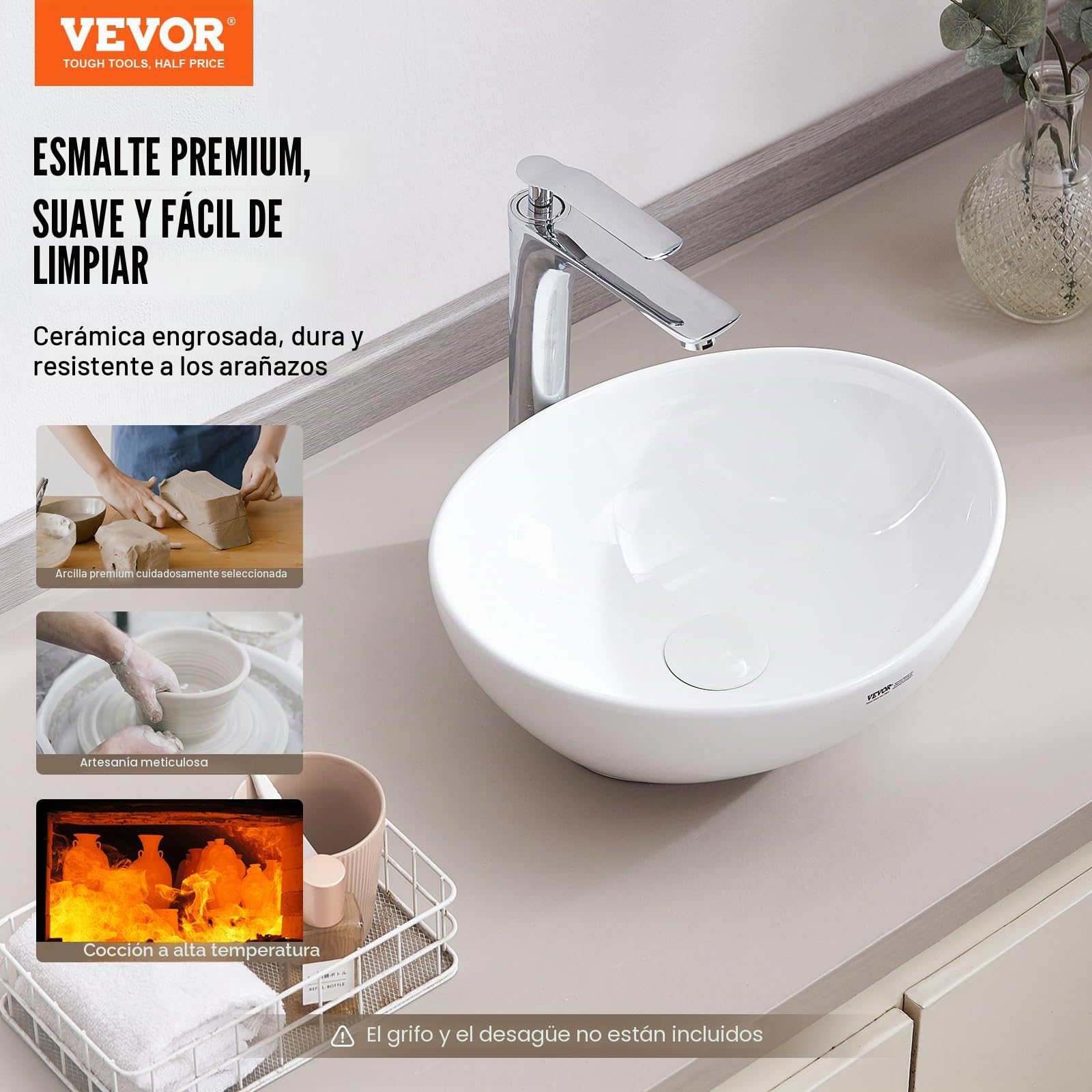 VEVOR - Fregadero ovalado, encimera de lavabo de 16 x 13.4 pulgadas, fregaderos de baño de cerámica blanca encima del mostrador, fregadero con estilo moderno, bien empaquetado para baño, hotel,