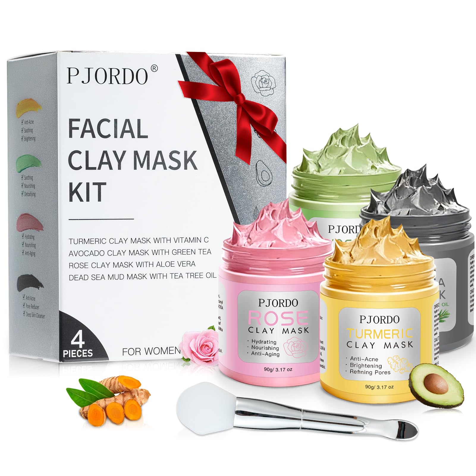 Pjordo 4 Pcs Clay Mask for Face(360g in total), Turmeric Vitamin C, Dead Sea Mud,Green Tea, Avocado, Rose, Facial Clay Mask Set, Face Mask Skin Care, Valentine's Day Gifts Set for Her, 3.17 Oz Each