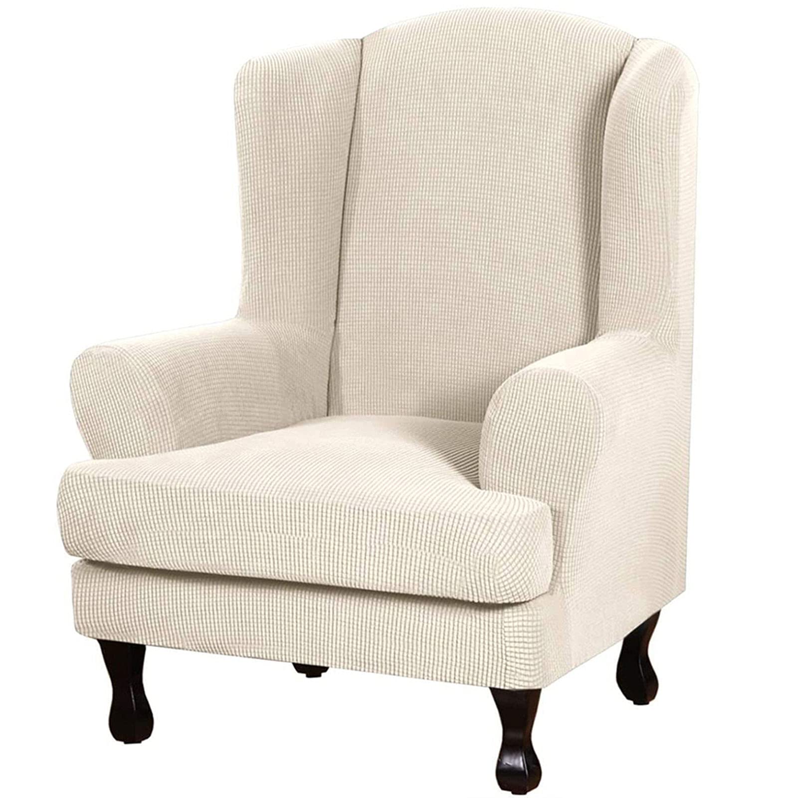 Jhld Cream Color Wing Chair Slipcover, Jacquard Stretch Waterproof Quick Set Wingback Chair Cover - Machine Washable - 2Piece