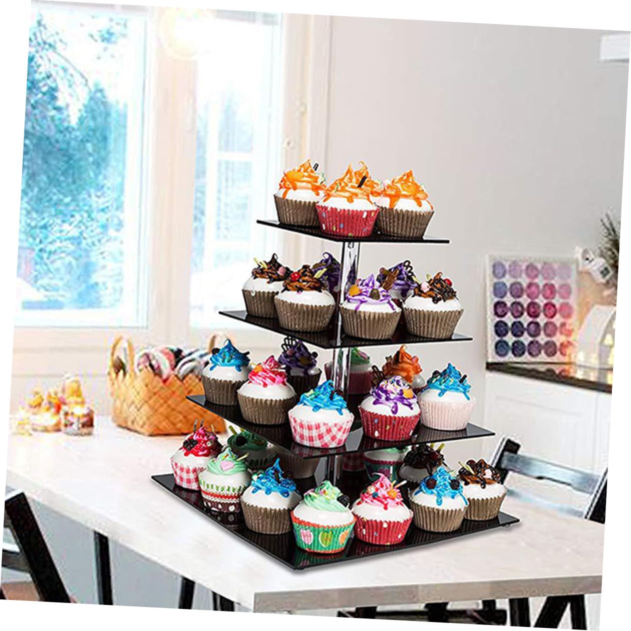 Lurrose Alzata per Torta in Acrilico Nero a 4 Livelli, Quadrata, Impilabile e Staccabile, per Decorazioni di Compleanno e Candy Bar
