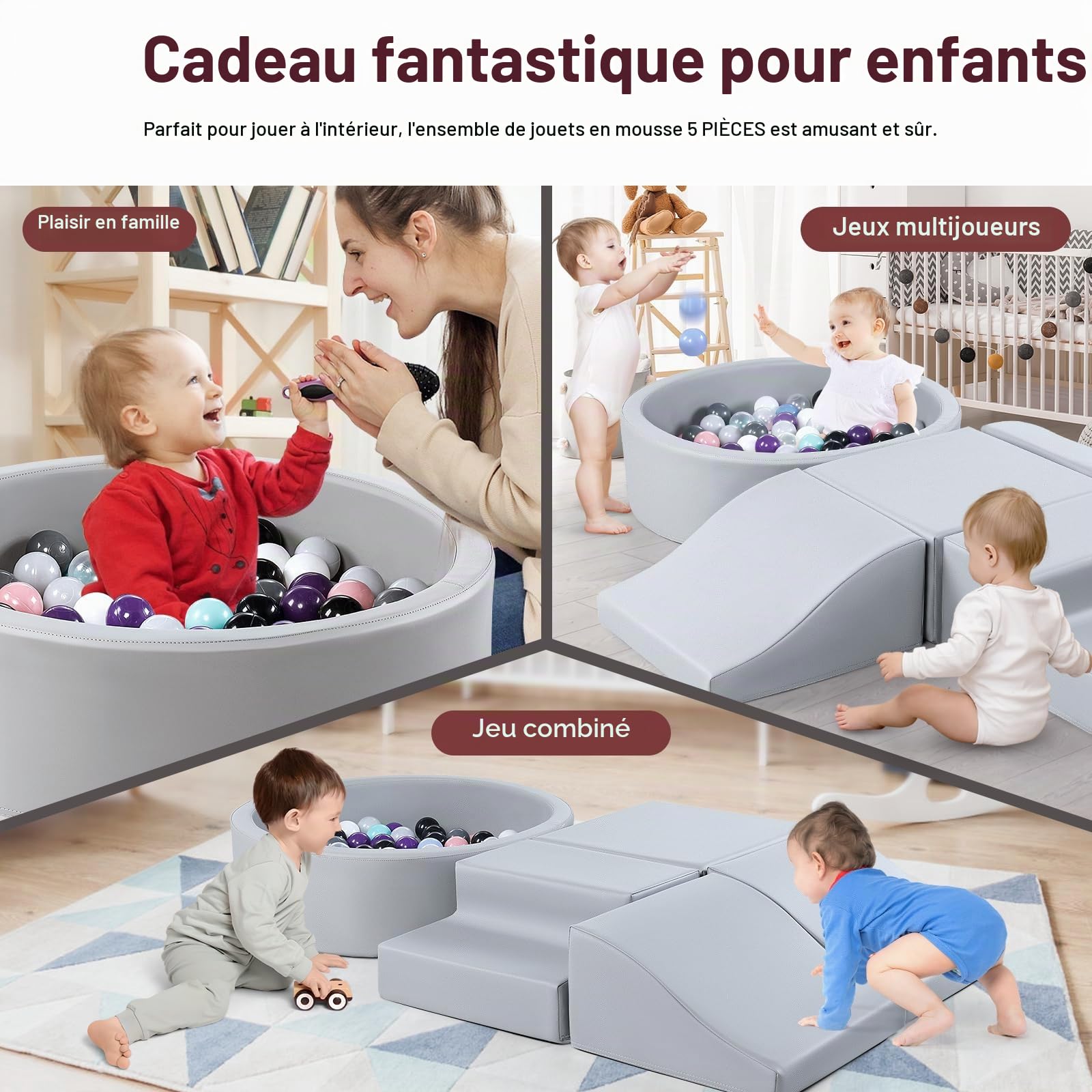 Lot de 5 jouets d'intérieur en cuir synthétique pour bébé avec piscine à balles (sans balles) - Jeu de blocs de construction en mousse - Convient pour les tout-petits - Jouet d'escalade et de ramper