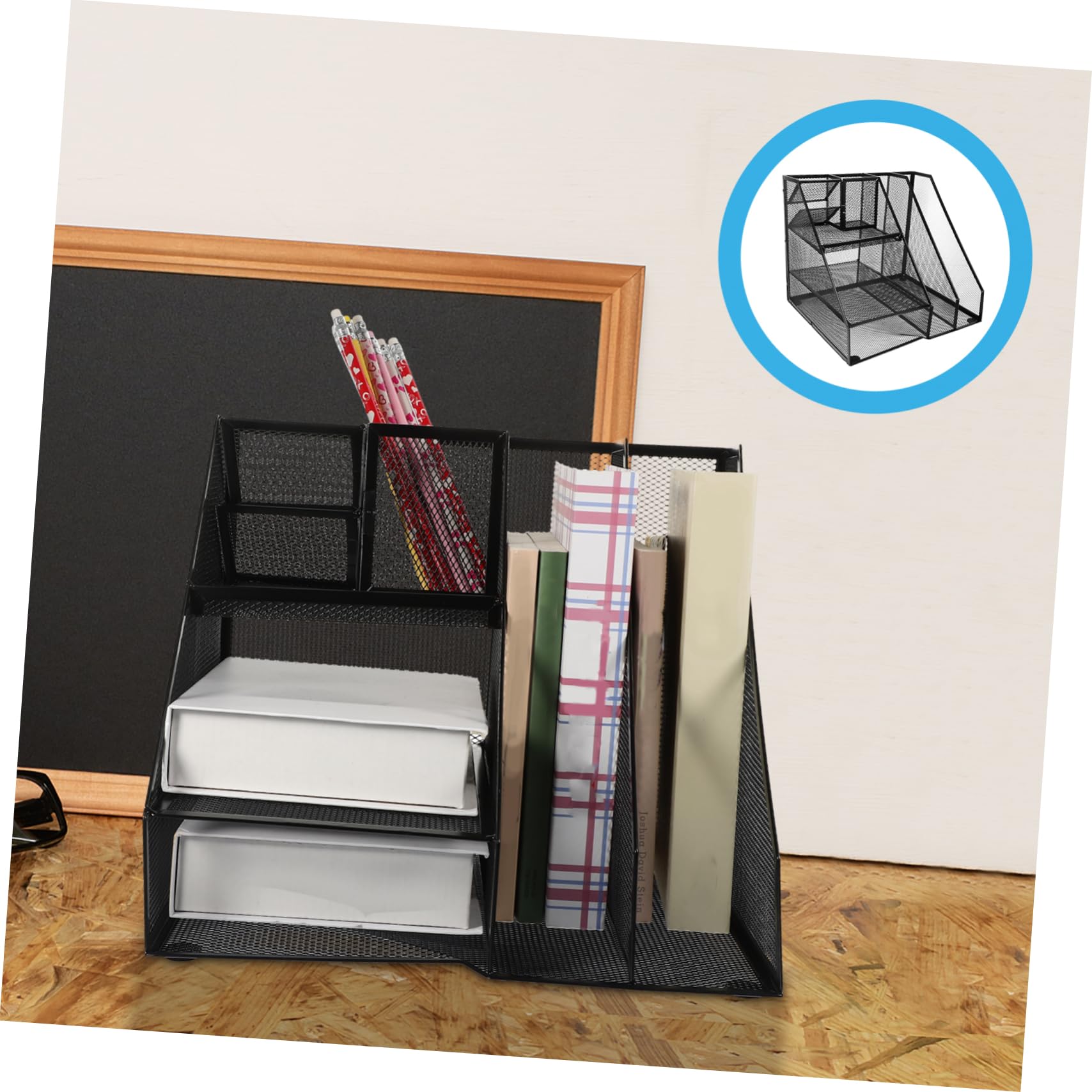 Aktenhalter aus Eisen Schwarzer mit Linkem Stiftehalter stabiler Schreibtisch Organizer mit 2 Fächern und 3 Ebenen für Büro und Arbeitsplatz