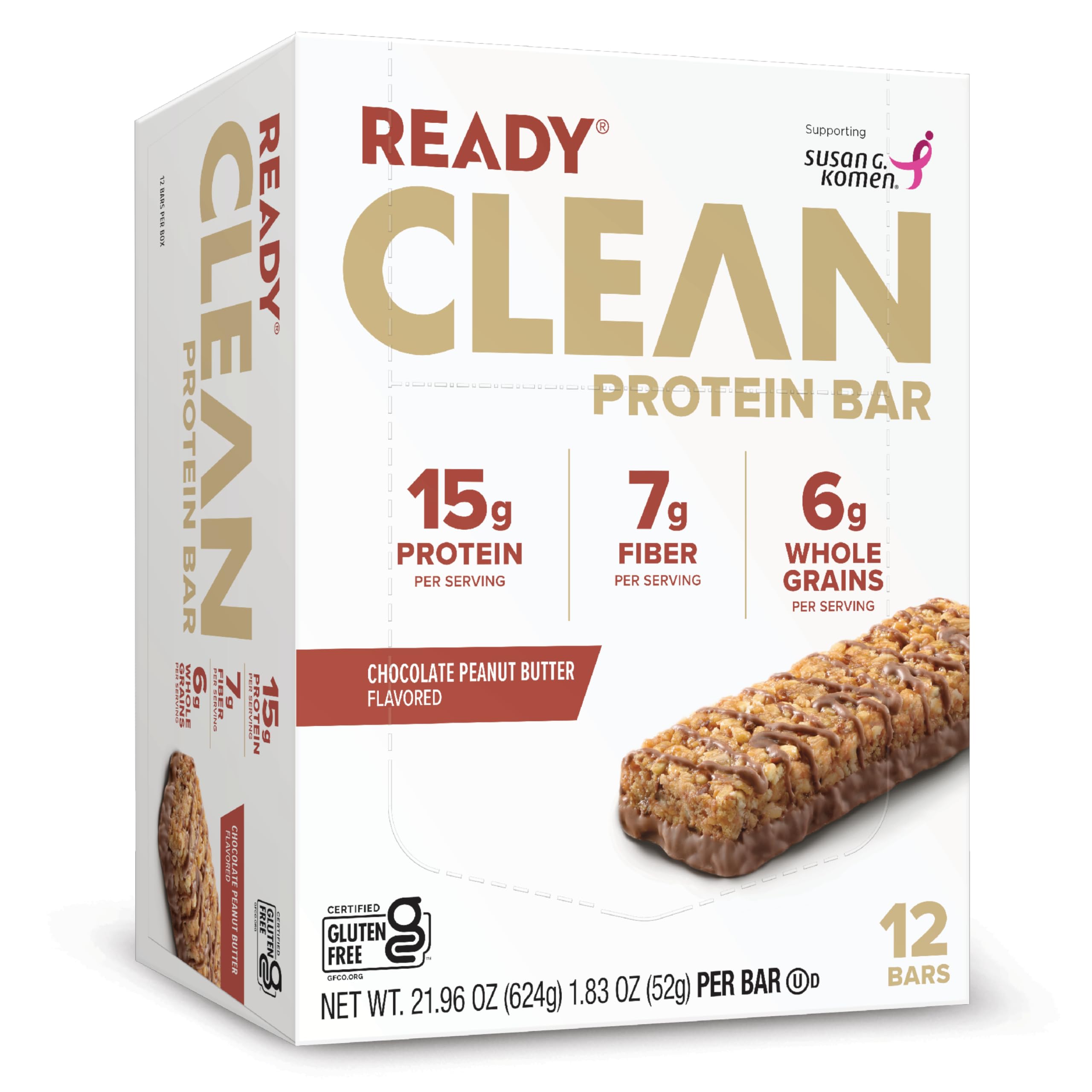 Ready Cleanバー、たんぱく質15g、繊維7g、全粒穀物6.5g、遺伝子組み換えなし、チョコレートピーナッツバター、1.8オンス、12個パック