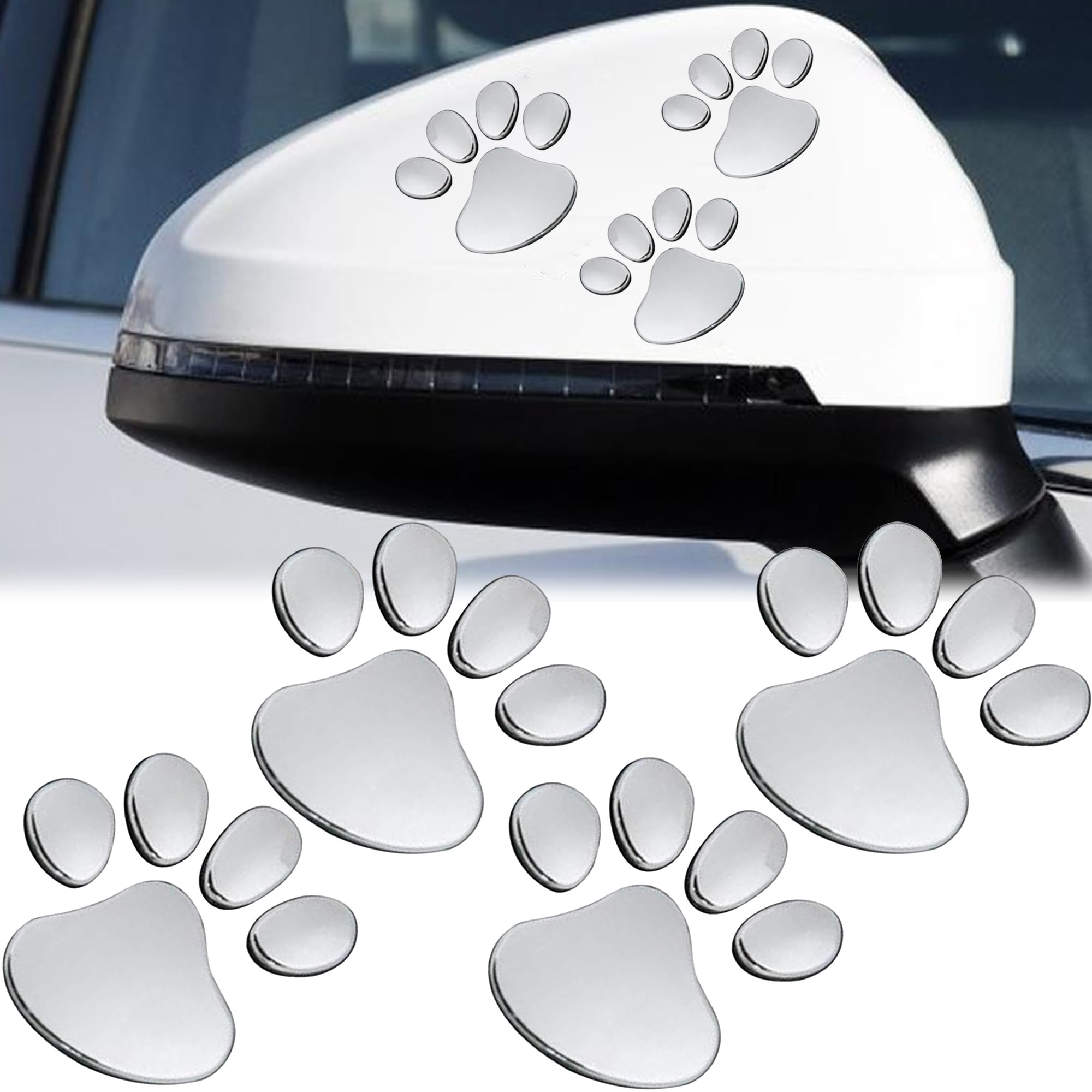 4pcs 3D PVC Dog Paw Footprint Car Sticker, Auto Emblem Decal Decoration (Silver)