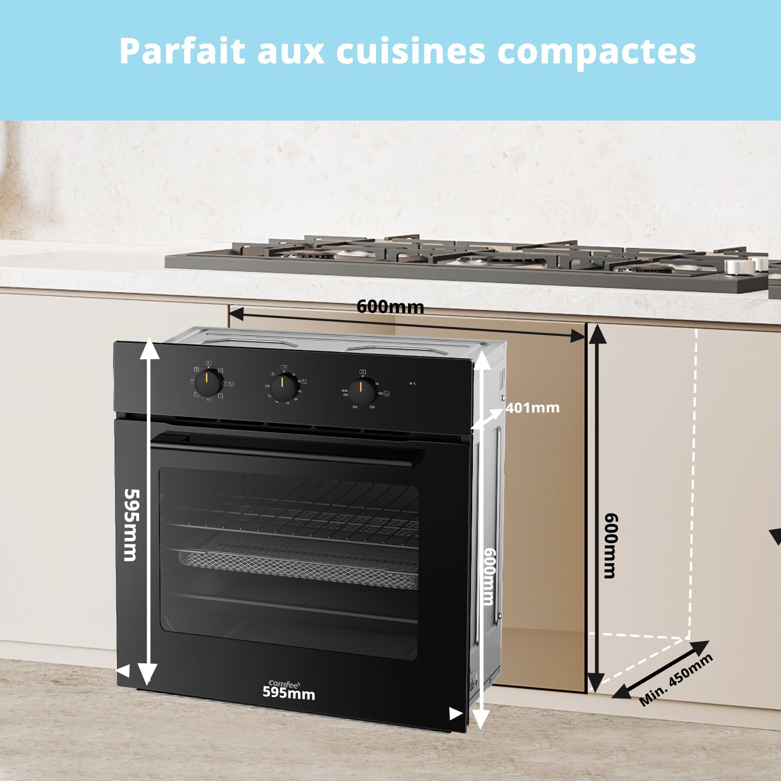 Comfee' CBO60M80M1-BK Four encastrable 60 cm 60 litres 8 fonctions frire à air cuisson plusieurs phases porte amovible nettoyage vapeur Noir