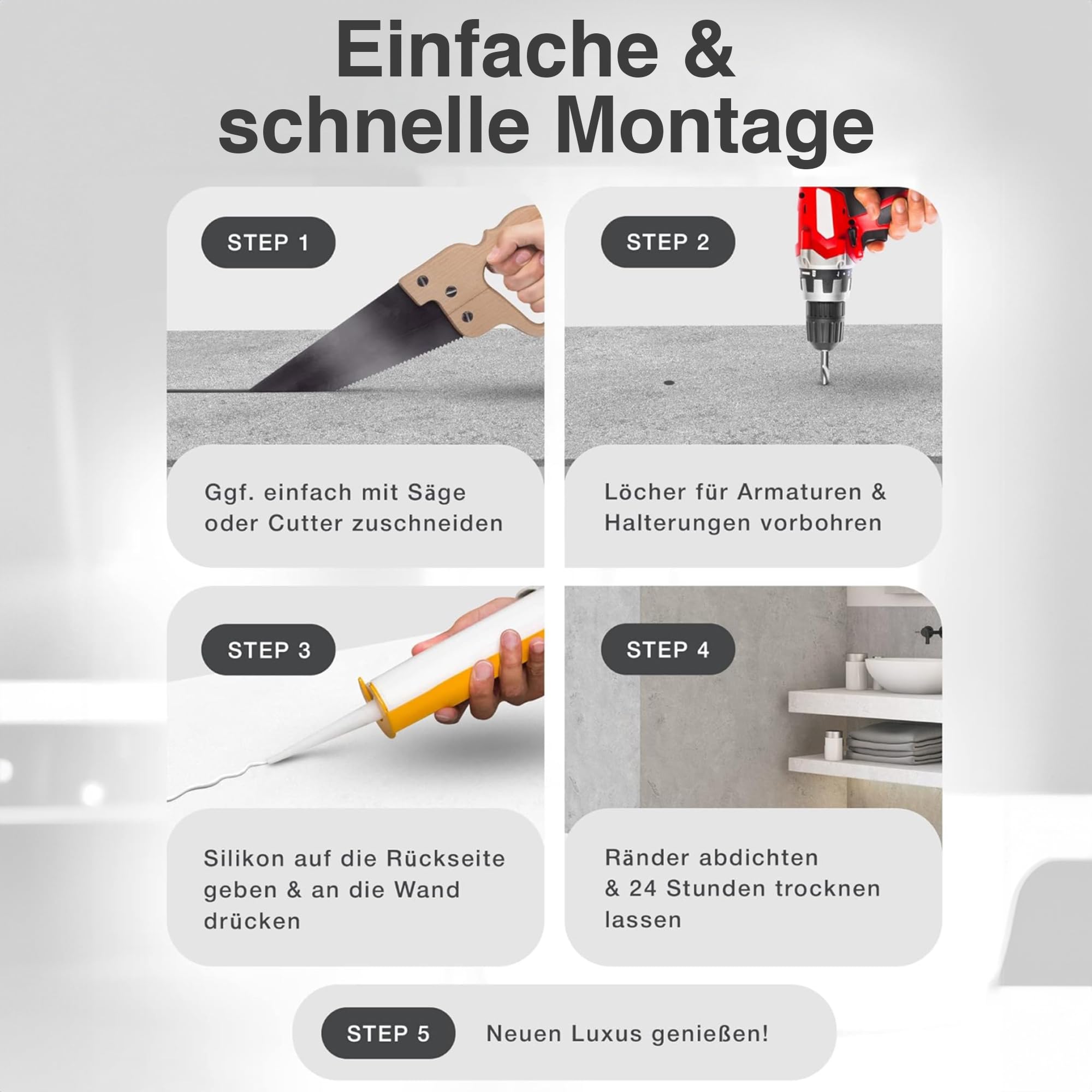 WALLando Premium Duschrückwand 250 x 100 cm Schwarzwaldeiche Hell | Einfach zu montierende Wandverkleidung für Dusche & Bad – Hochwertige PVC-Duschwand, einfarbig & seidenmatt – Hellgrau