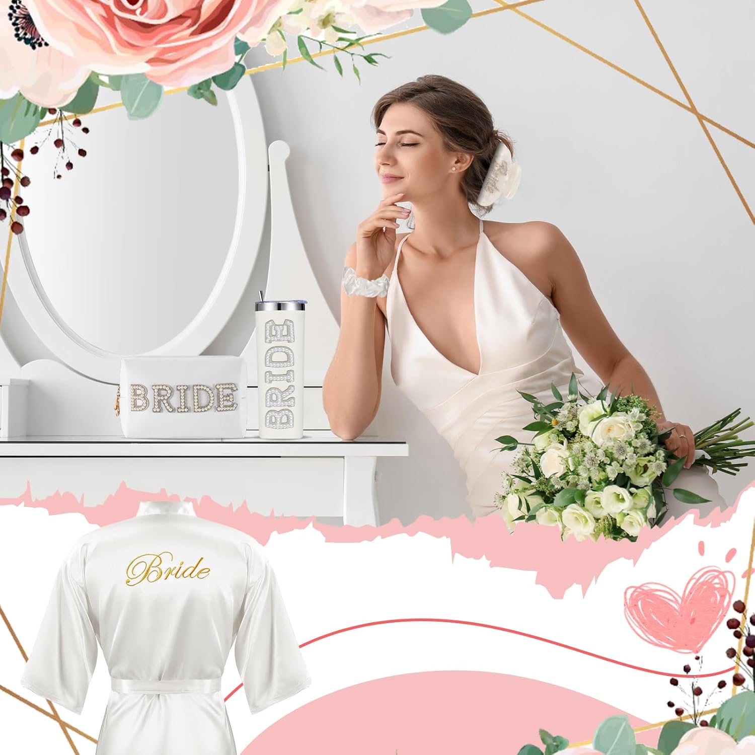 Toulite 5 Pcs Bridal Shower Gifts, Include Bride Robe, Bride Tumbler Cup, Claw Clip Hair Clip, Bridesmaid Engagement Gift Scrunchies, Cosmetic Travel Toiletry Bag for Wedding Party Favors - Image 4