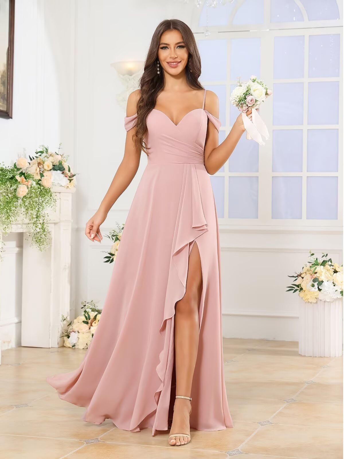 Damen Off The Shoulder Brautjungfernkleider Lang - Spaghettiträgern V-Ausschnitt Abendkleider Hochzeitsgäste Maxi Festkleid Für Hochzeit