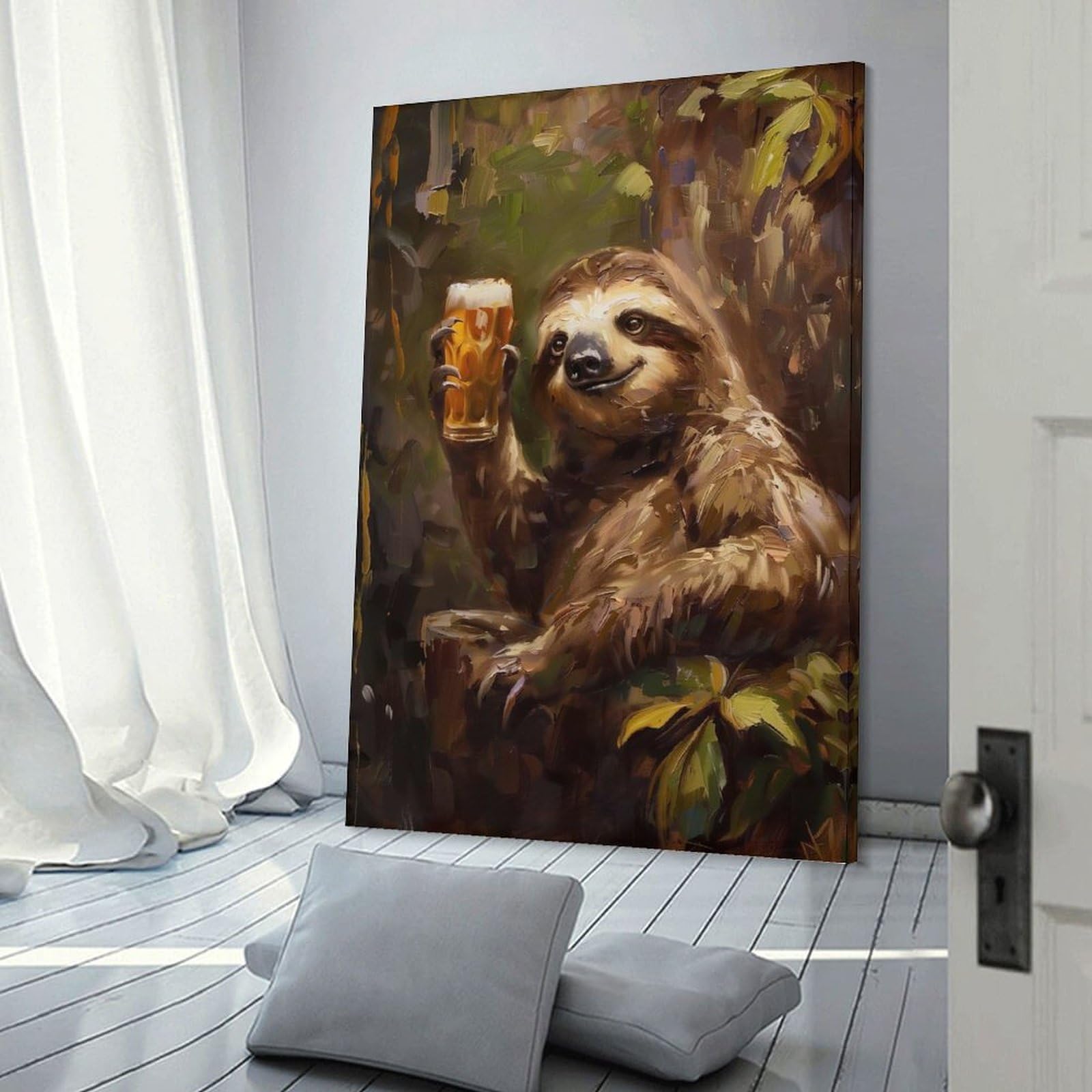 Junmoney Frame-Style-22 Beer Drinking Sloth Room Decor Wall Art, 16X24inch(40X60cm), For Living Room, Bedroom, Office Or Hallway, Decorative Artwork With Broad Appeal