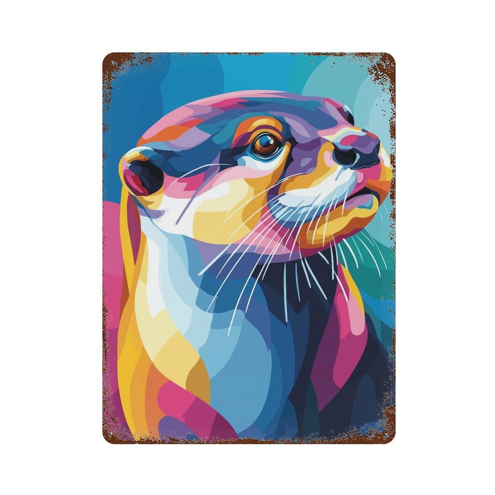 Colorful Otter Portrait Rust Effect Tin Sign 15.7"x11.8", Novelty Wall Decor for Garage, Pub Or Kitchen