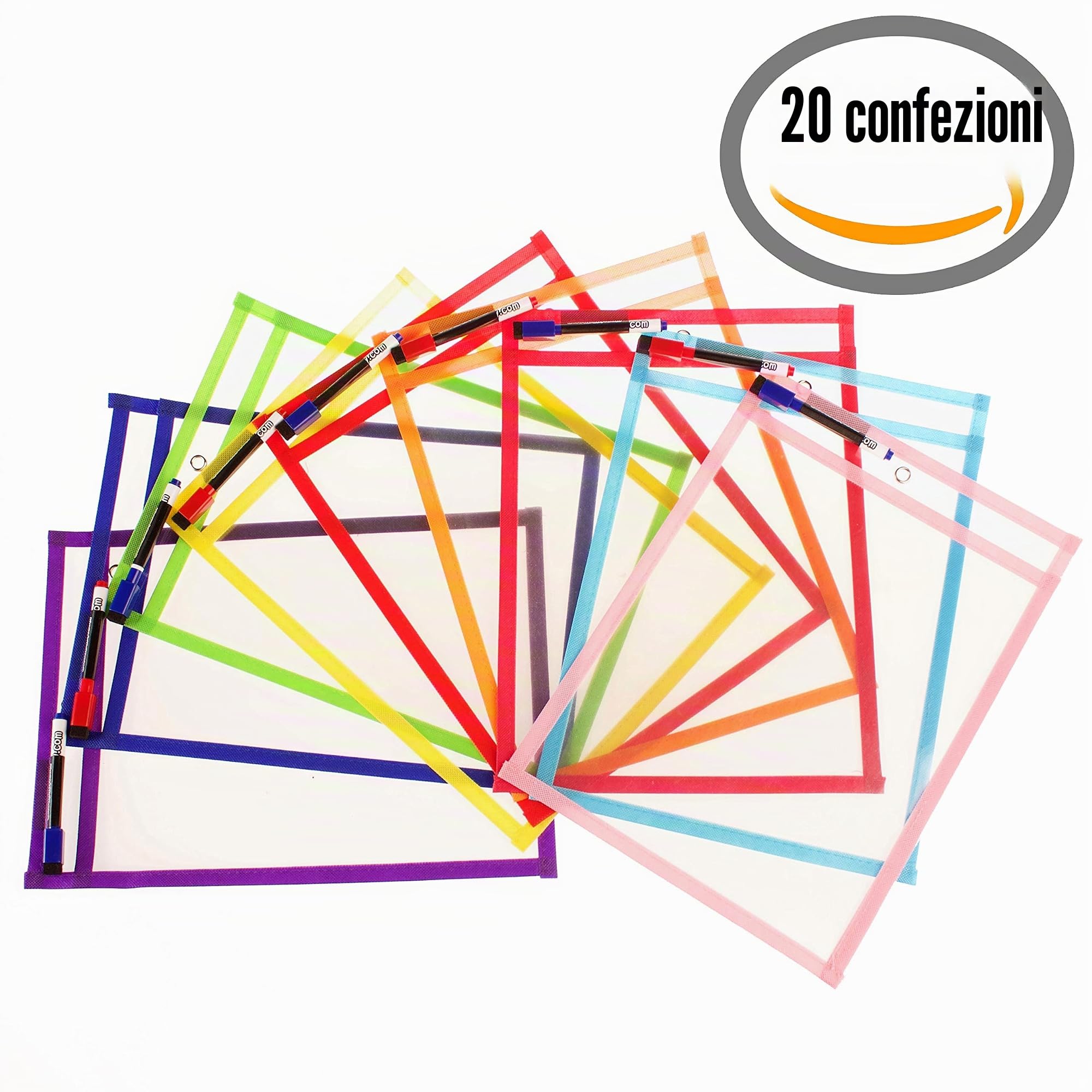 20 Cartelline Schede Riutilizzabili Misura A4 | Dry Erase Pocket Grandi 36x26cm | PET Riciclabile Ecologico | 10 Colori,20 Pennarelli,2 Gomme,2 Palloncini | Materiale Scolastico,Scuola,Asilo,Ludoteca