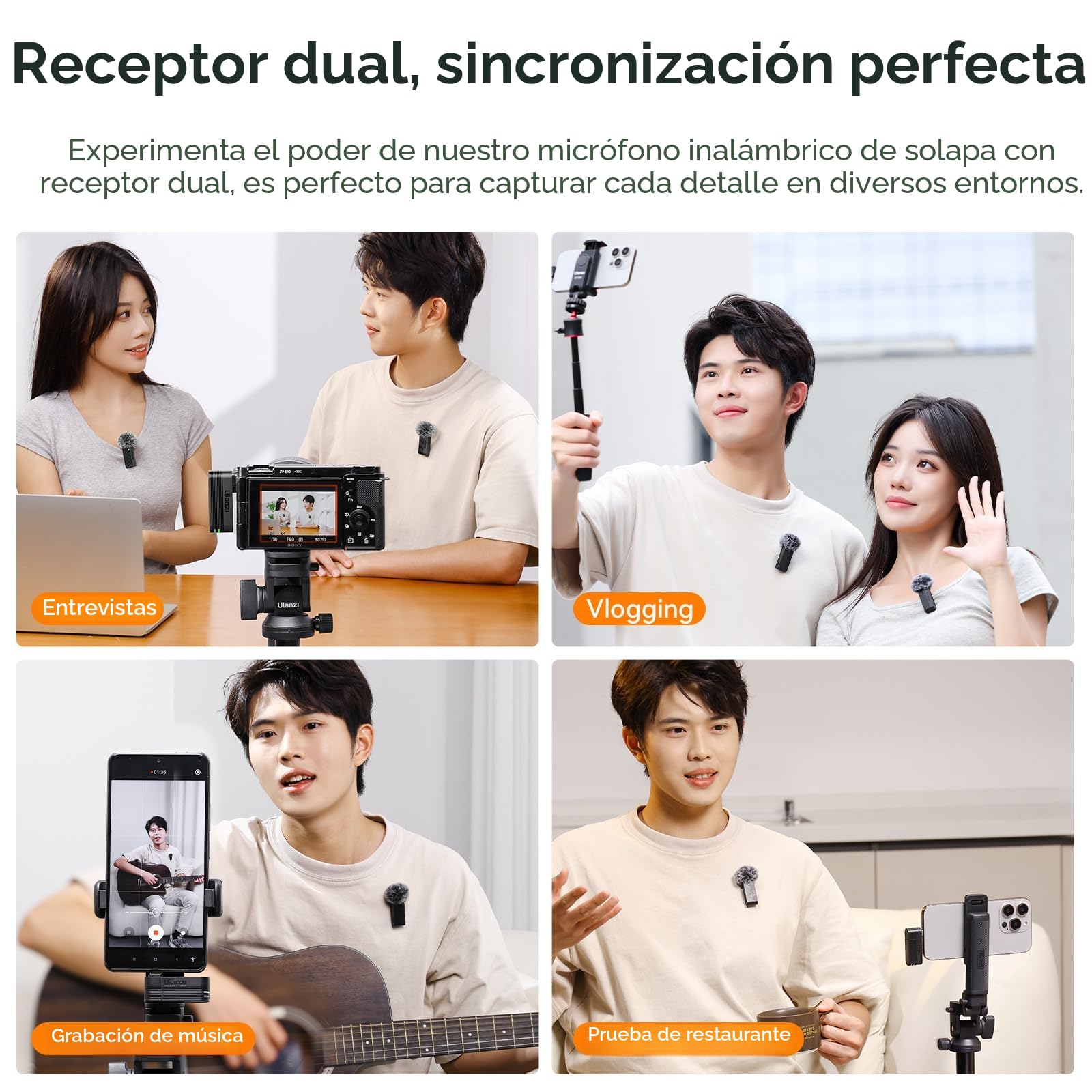 ULANZI A100 Micrófono Inalámbrico Solapa para Cámara iPhone Android, Micrófono para Grabación de Vídeo, Streaming Directo, Youtube, Tiktok, Vlog, Entrevista, USB C, 13.5h de Duración de Batería