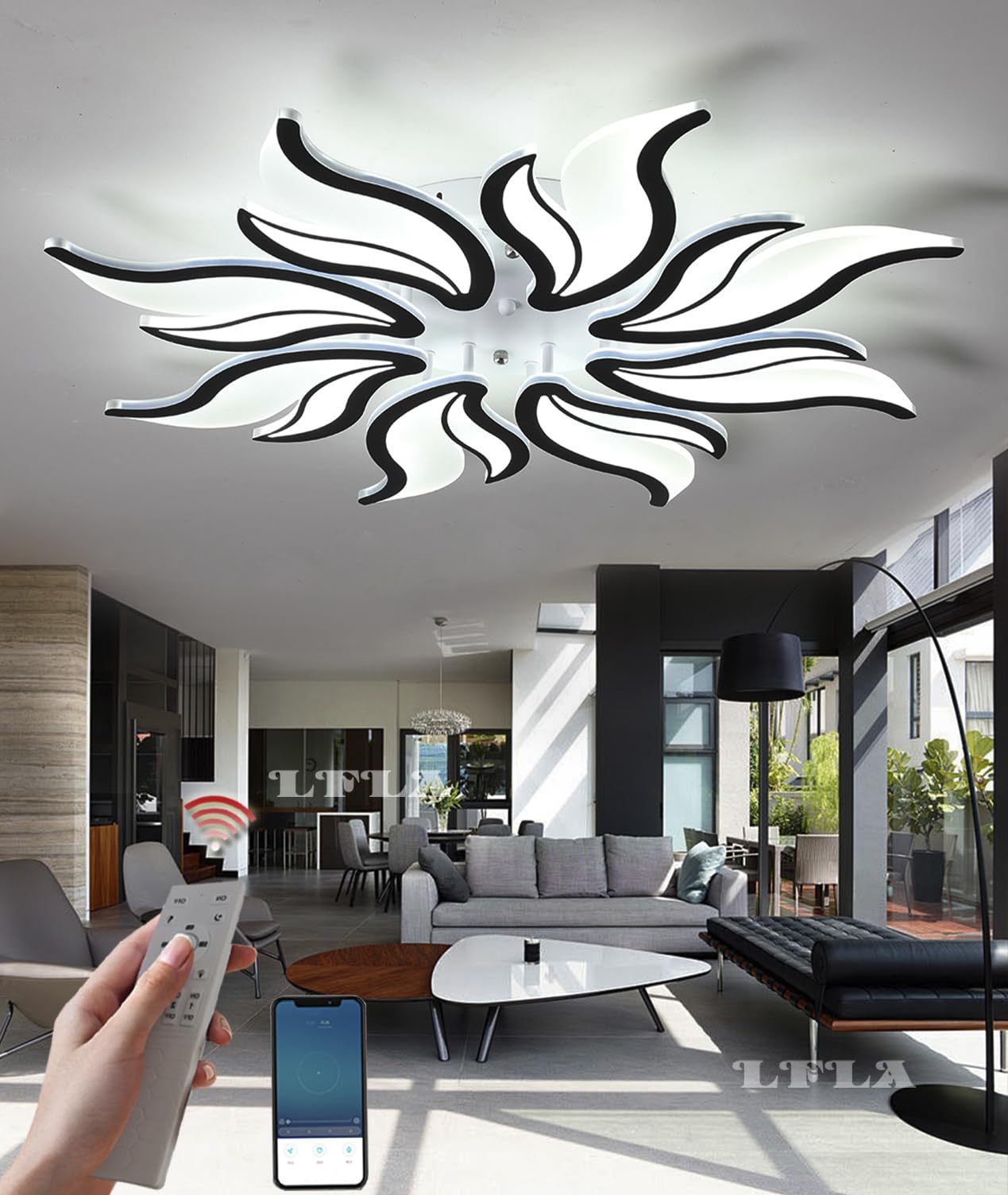 Modern LED Ceiling Light Dimmable Large Living Room Lamp Geometric Design with Remote Control & Memory Function Ceiling Lighting Bedroom Dining Room Eye Care Ceiling Lamp (Black, 8 Heads-70W)