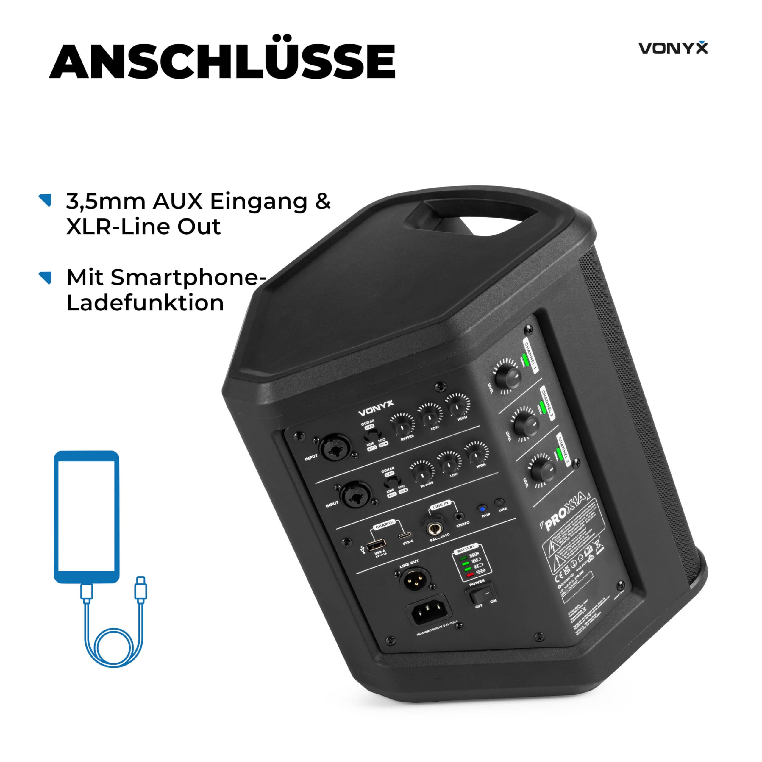 Vonyx PRO X1A - Akku Partybox Bluetooth Lautsprecher Groß, 250 Watt, bis zu 22 Std. Akku, AUX & Line Out, Mobile PA Anlage, 3-Kanal Mixer, Stereo Pairing - Mobile Musikbox Groß, USB & MP3 - Schwarz