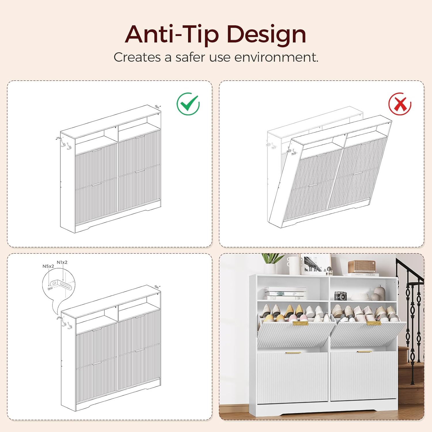 Diagram showing correct and incorrect anti-tip installation