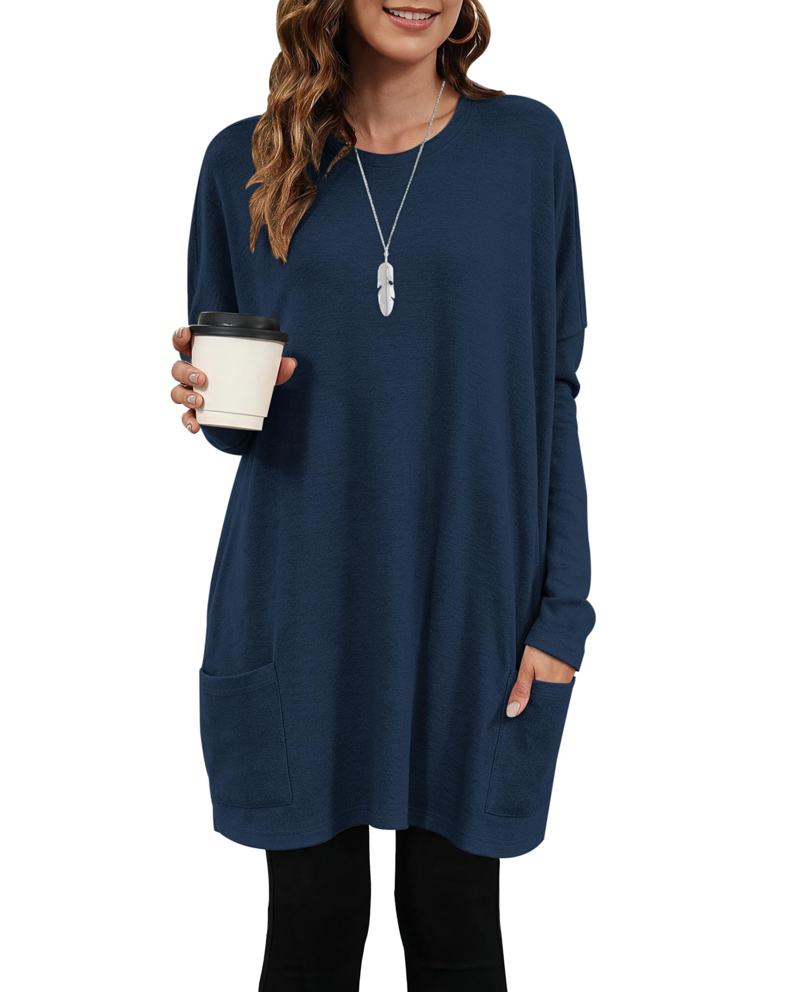 AUSELILY Longpullover für Damen Langarmshirt Lang Oversized Rundhalsausschnitt T-Shirts Sweashirt Tunika Damen Pulli Long-Shirt Kleid mit Taschen