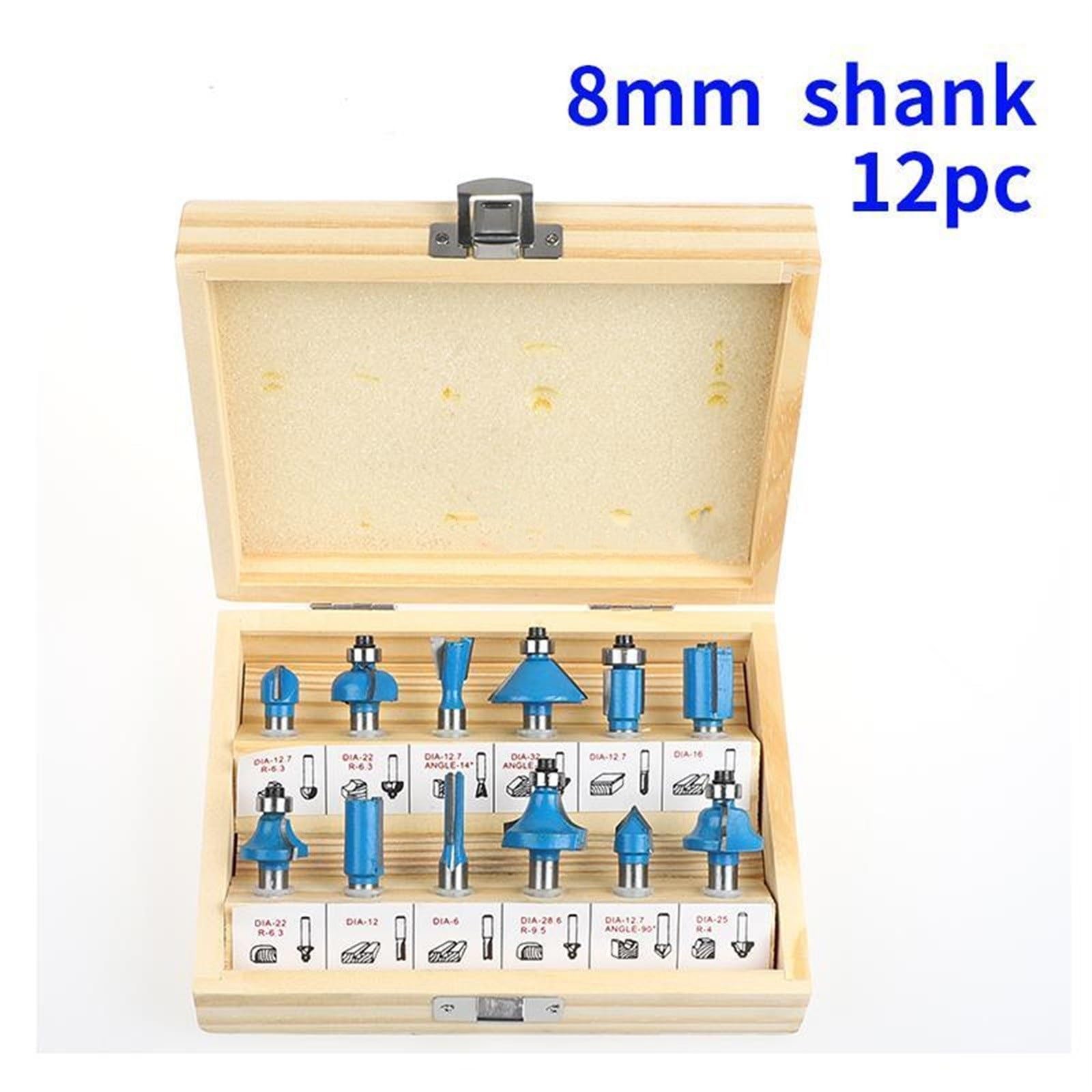 Windzerdong 12pcs 8MM Shank Blue Router Bit Set Woodworking Edge Trimming Straight Face Milling Cutter for Wood CNC Tungsten Solid Cutter