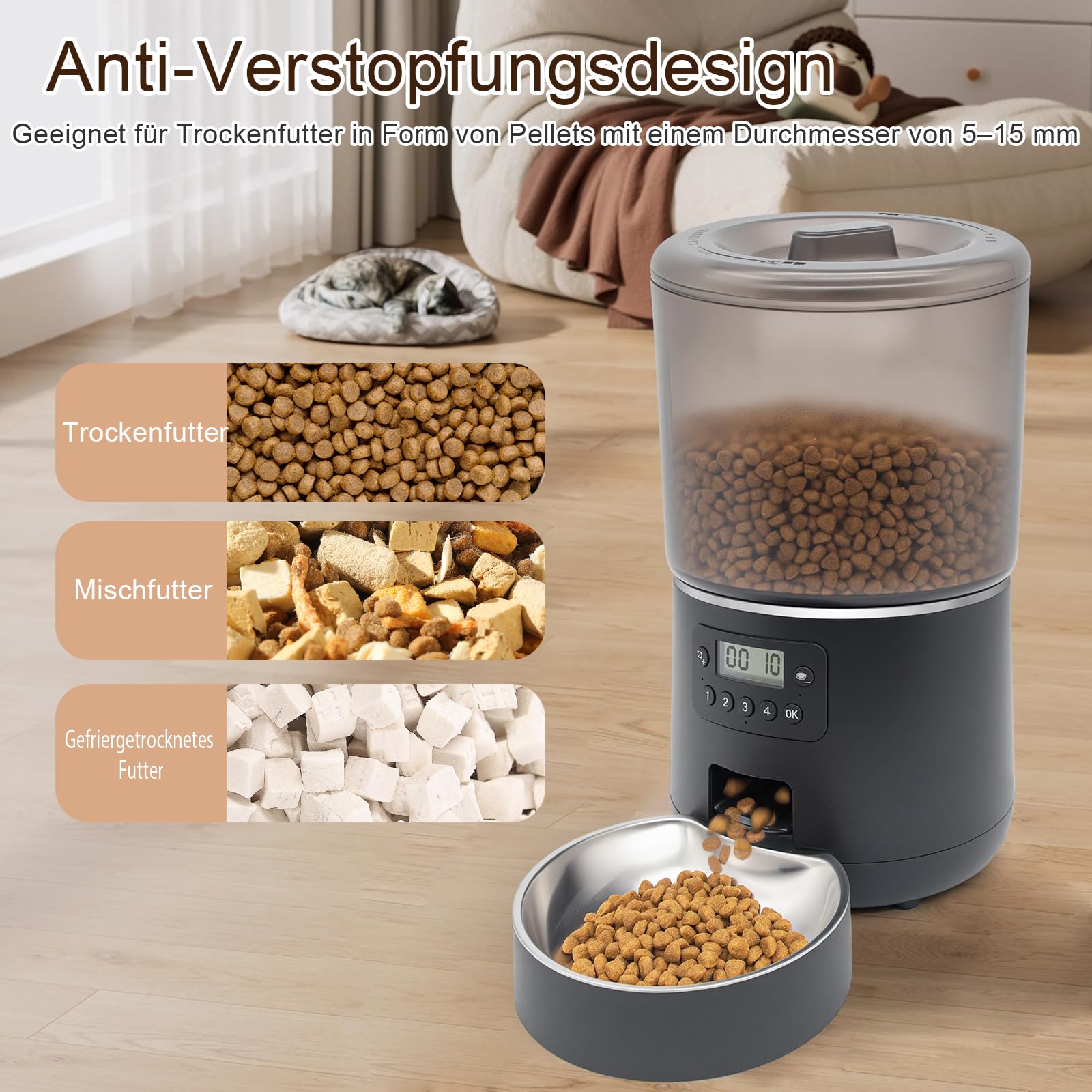 Futterautomat Katze mit Timer – 4L großes Fassungsvermögen, Programmierbar für 4 Mahlzeiten täglich, Präzise Portionskontrolle, Ideal für Katzen und Haustiere