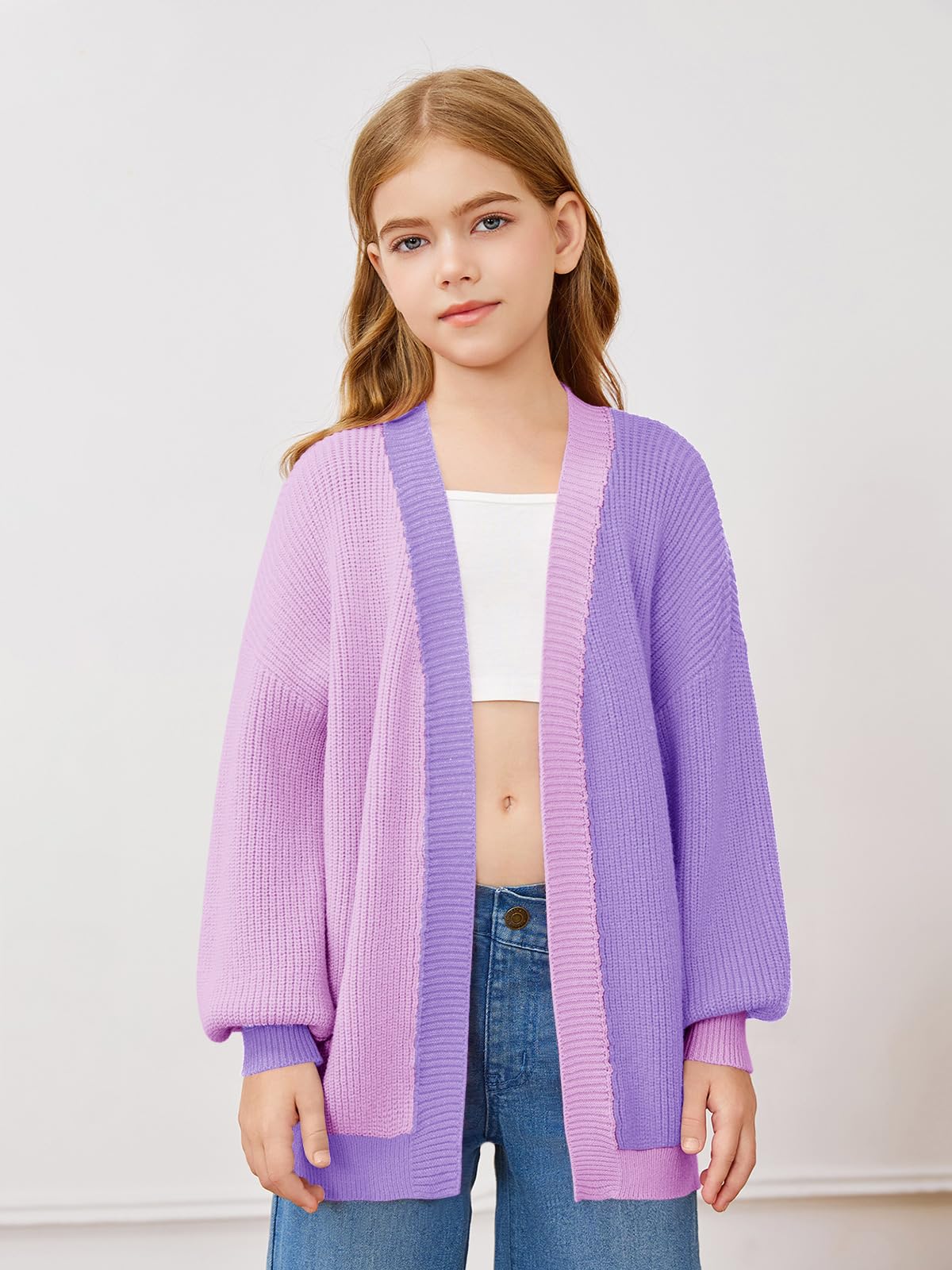 Haloumoning Cárdigan de manga murciélago de gran tamaño para niñas, a la moda, frente abierto, bloque de color, ropa exterior