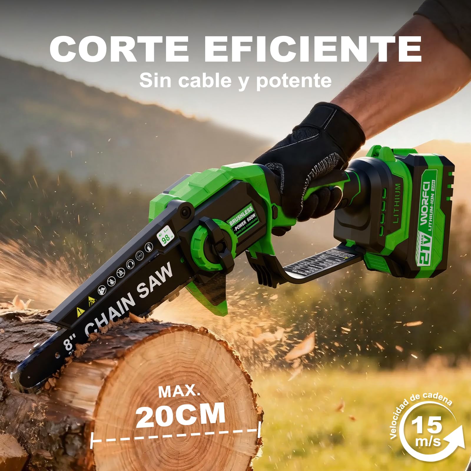8 Pulgadas Mini Motosierra, 2 Baterías y Cargador Incluidos, Motosierra Bateria Inalámbrica sin Escobillas, Sierra Eléctrica para Podar con Lubricación Automática, Podar y Cortar Madera
