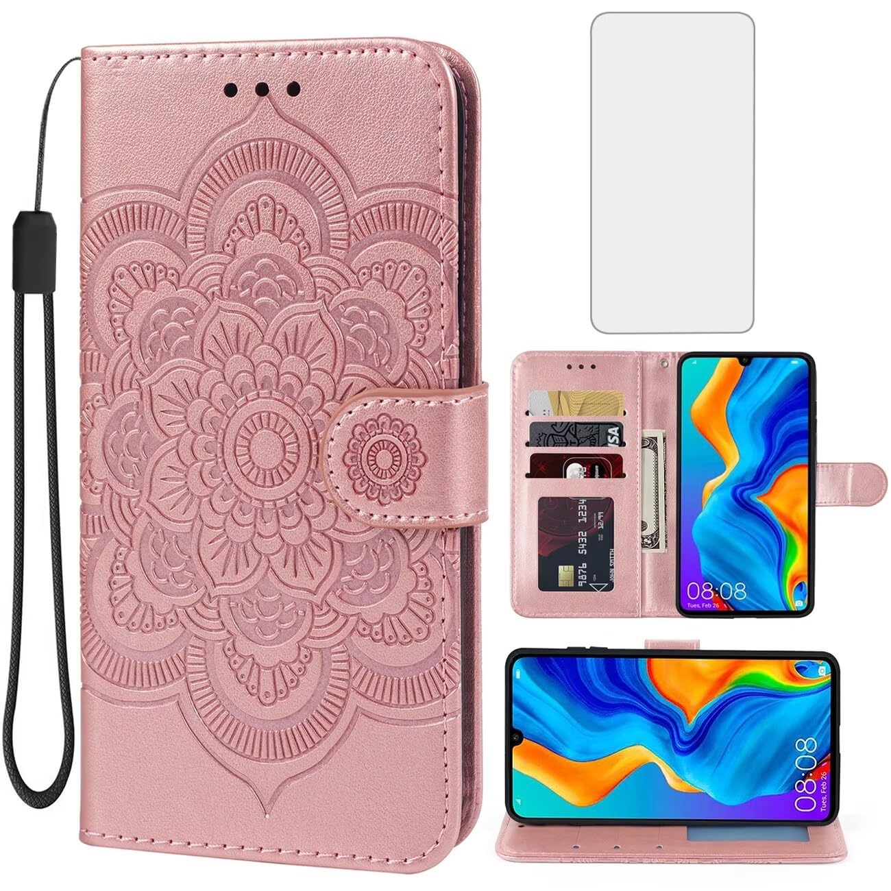Bohefo Case for Huawei P30 Lite/Nova 4E/Honor 20S Wallet Case with Tempered Glass Screen Protector, Mandala Leather Flip Credit Card Holder Stand