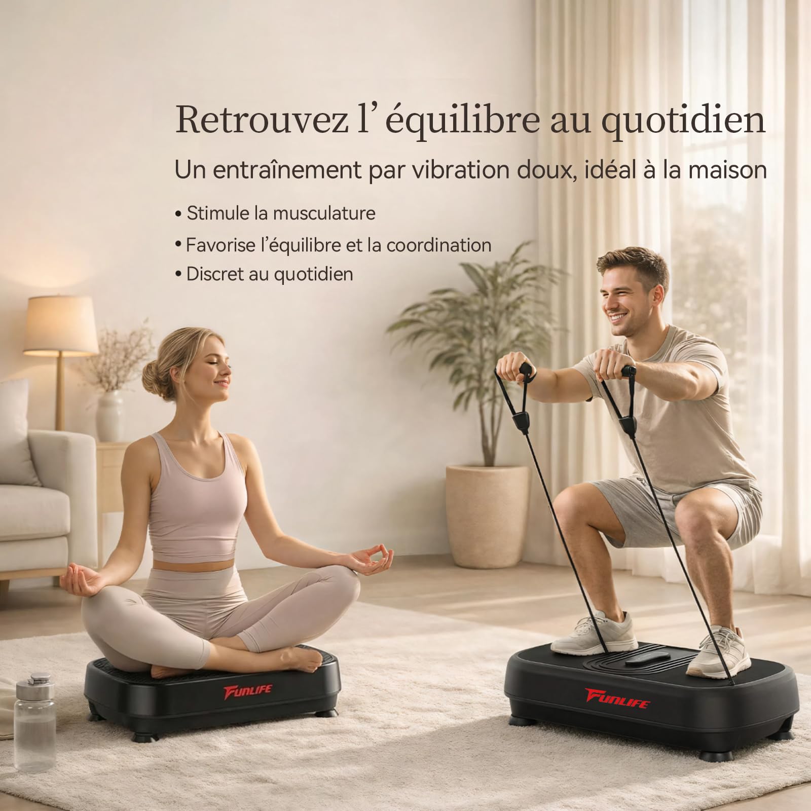 Funlife Plaque vibrante 120 kg, 180 niveaux, 5 programmes et manuel, Bluetooth et haut-parleur, plaque de fitness avec cordes d'entraînement pour l'entraînement de tout le corps