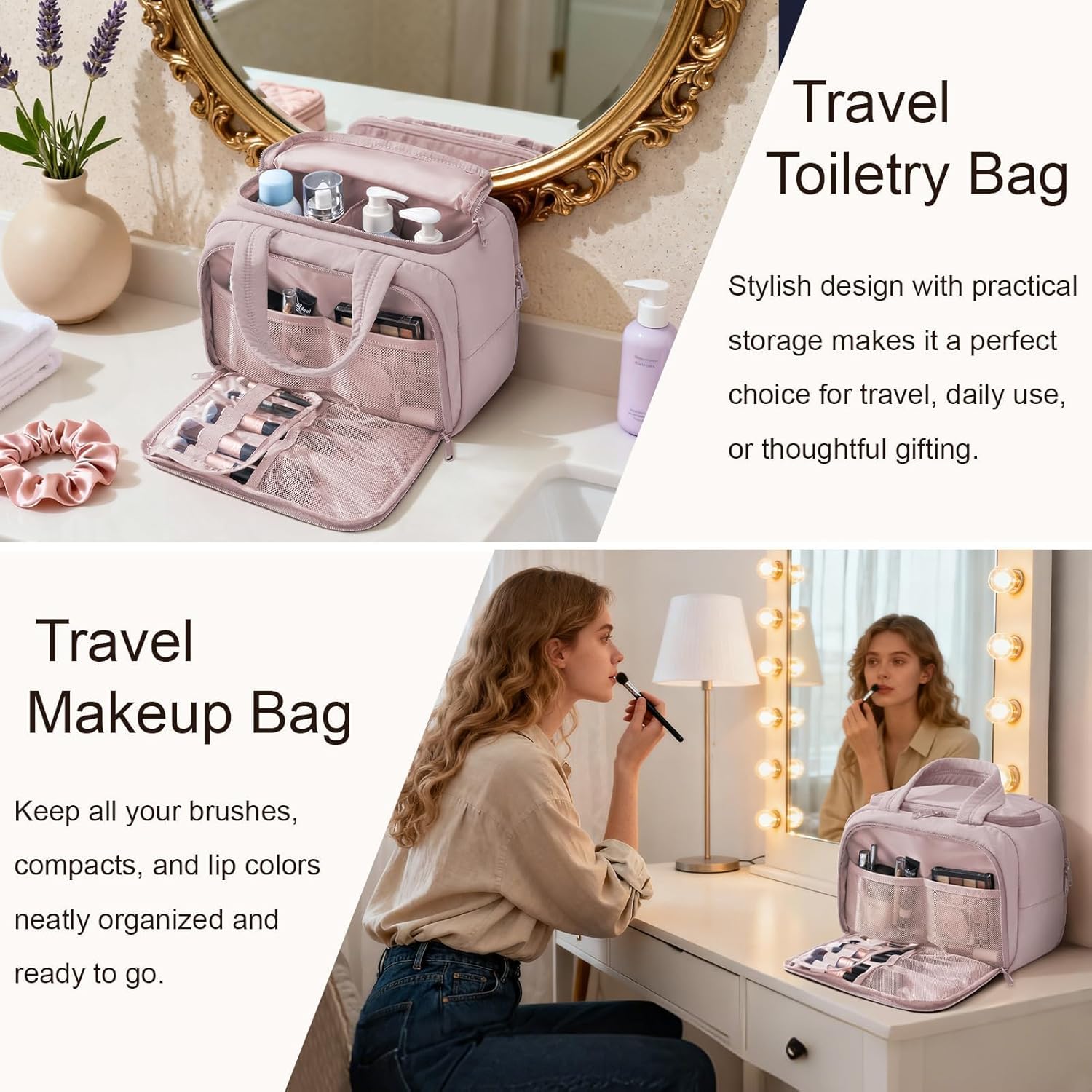 Travel Toiletry Bag for Women, Lightweight Large Quilted Puffy Makeup Bag Wide-open Make up Organizer Cloud Cosmetic Bag w/Handle for Traveling Toiletries Essentials Accessories Light Pink - Image 8