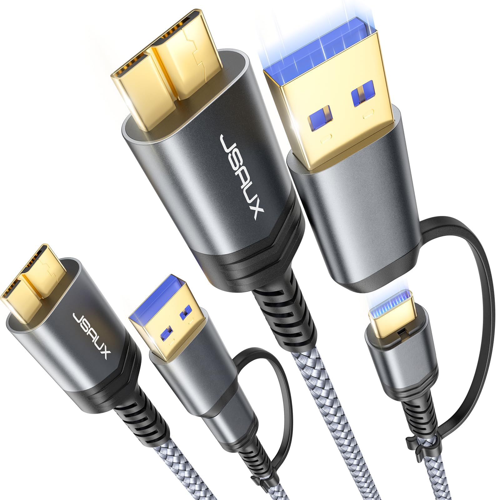 JSAUX Hard Drive Cable 20Gbps [2 Pack, 1.6FT], Micro B to USB C/A Cord External Hard Drive Cable Nylon Braided Compatible with Seagate WD Toshiba Westgate, Camera, MacBook Air M2 Pro, iPhone 16