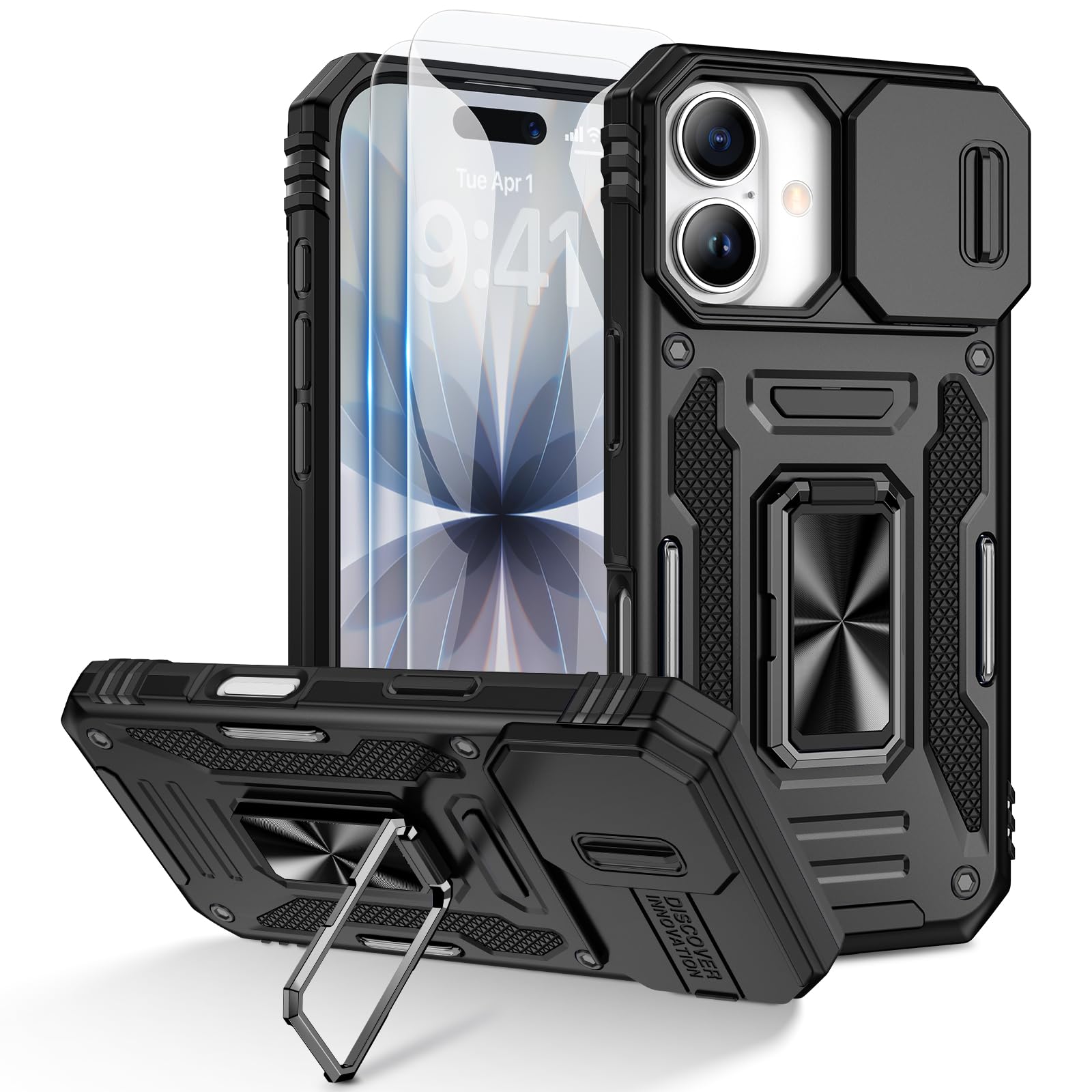 Doeshine für iPhone 17 Hülle mit Kameraschutz,Schwarz | Handyhülle mit 2 Stück Displayschutzfolie, 360° Rotate Metal Ring Ständer, Robust Militär Schutzhülle