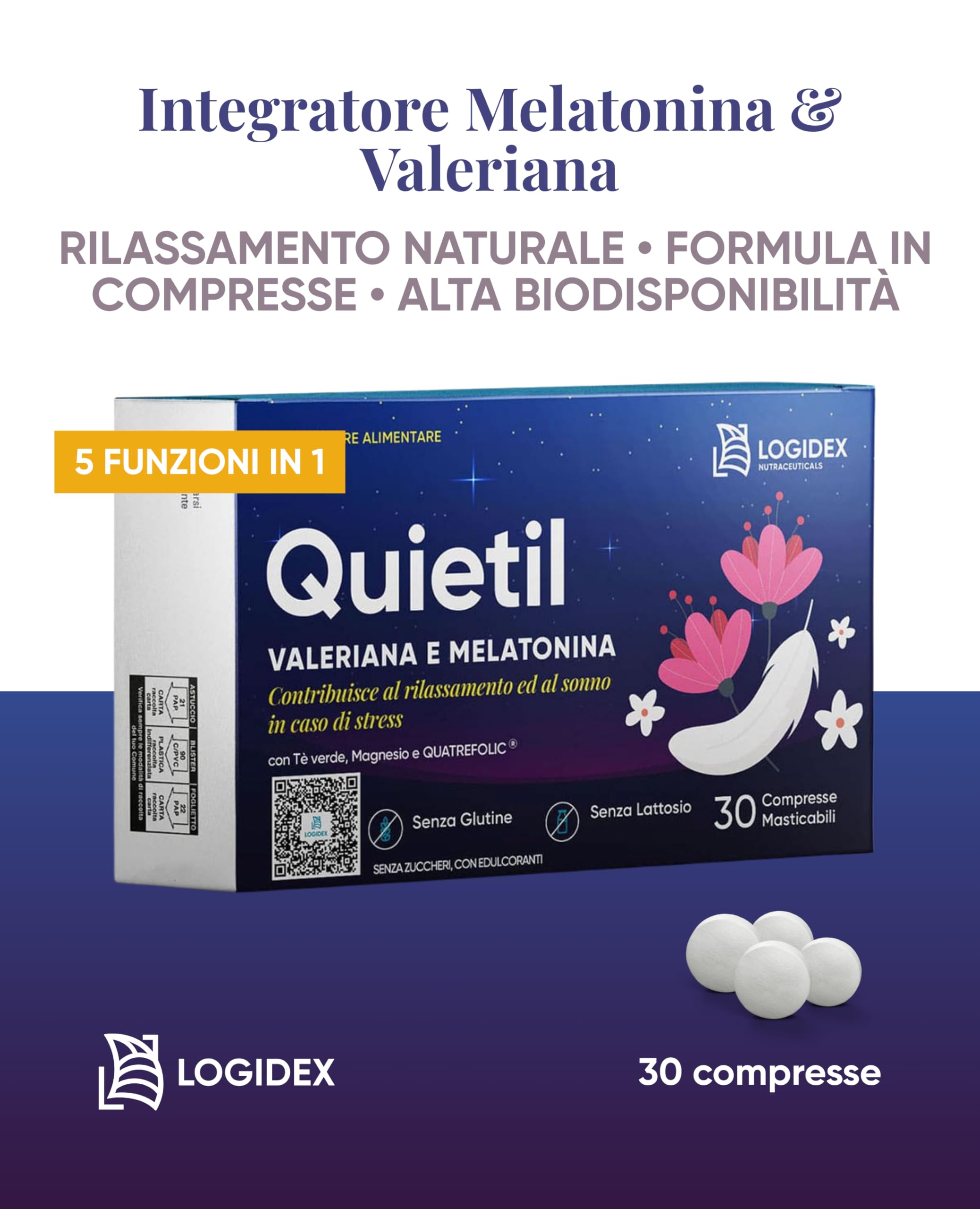 Quietil – Integratore Melatonina e Valeriana per Dormire – Formula Naturale Anti Stress – Pastiglie Orosolubili per Sonno Veloce e Profondo, 30 Compresse - Logidex