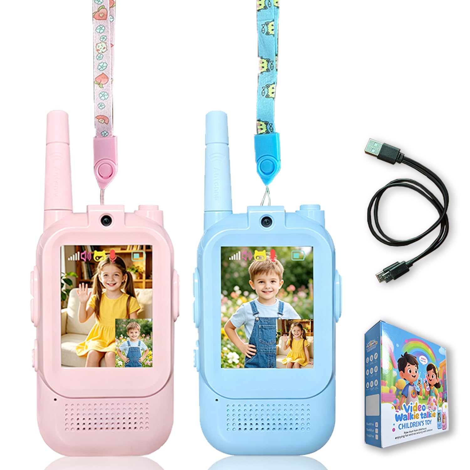 HUNICOM Kids Video Walkie Talkie, 2 Pack, USB Rechargeable, Blue and Pink, for Boys and Girls Ages 3+, clear sound quality, strong signal.