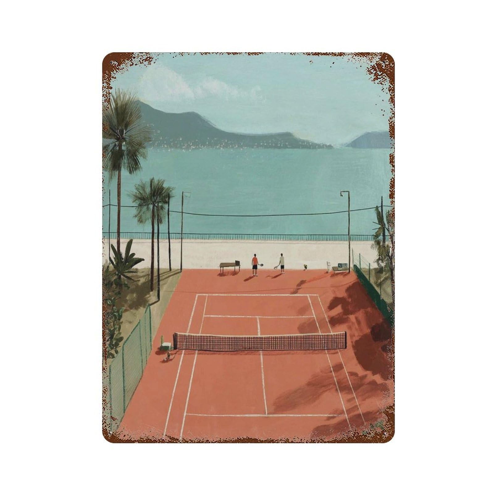 xiaoxiaoshen Coastal Tennis Court Mediterranean Beach Palm Tree Summer Sporty Travel Modern H Wall Decor Art Metal Tin Poster Modern Home Decor Art Home Bar Shop Decorations Vintage Sign 40x30cm
