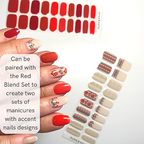 Miniatura 5 de Alice & Bella Kvitka - Tiras de uñas de gel semicuradas - Base blanca lechosa roja y negra cosida a mano, calcomanías de arte popular UV para