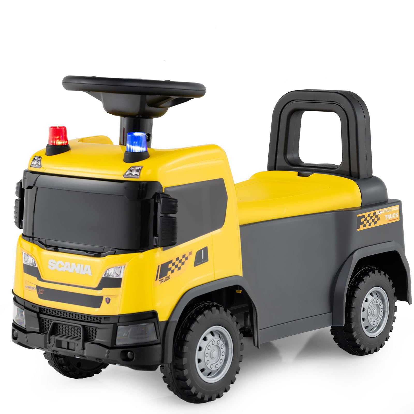 COSTWAY Kids Ride on Truck, Licensed SCANIA Push Along Car with Steering Wheel, Lights, Horn, Music, Under-seat Storage, Foot to Floor Slider Riding Toy for 18 Months+ Boys Girls (Yellow)
