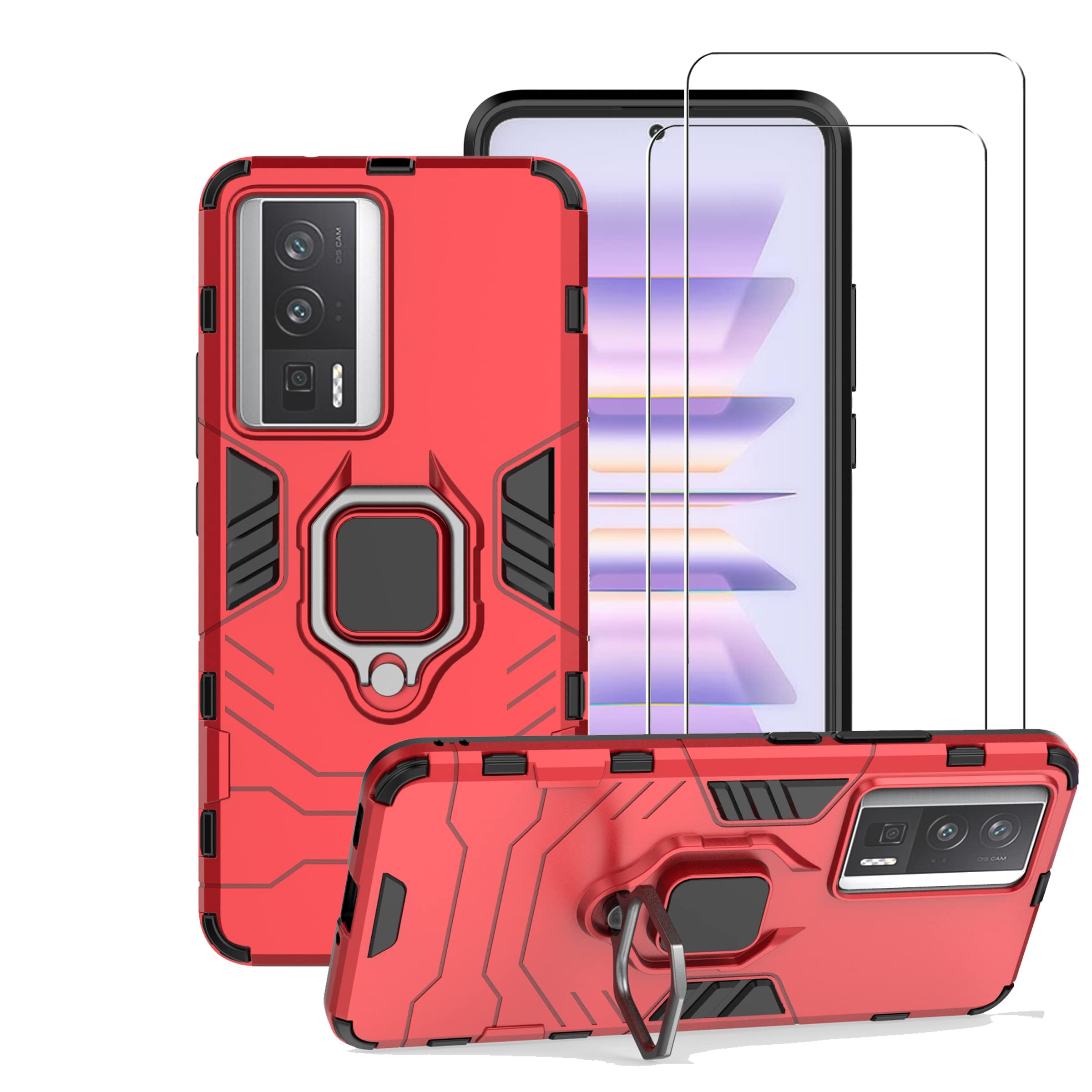 ZMONE for Xiaomi Poco F5 Pro 5G Case Cover with Glass Screen Protector [2 PACK] Heavy Duty Dual Layer Military Grade Shockproof Protective Cover with Magnetic Ring Kickstand - Red
