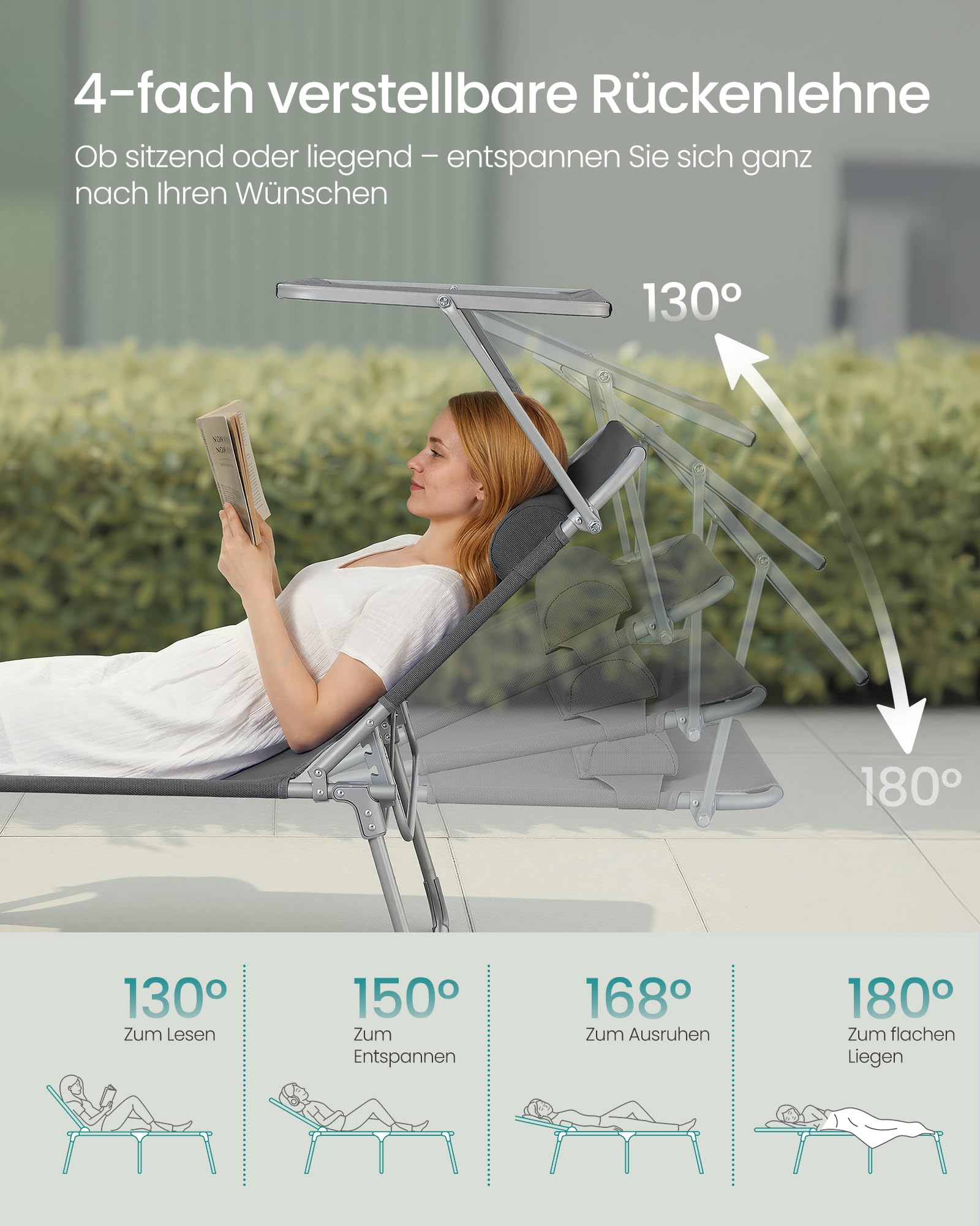 SONGMICS Sonnenliege, klappbarer Liegestuhl, 193 x 53 x 29 cm, trägt bis zu 150 kg, Sonnenschutz, Kopfkissen, verstellbare Rückenlehne, für Garten, Pool, Terrasse, dunkelgrau GCB19UV1