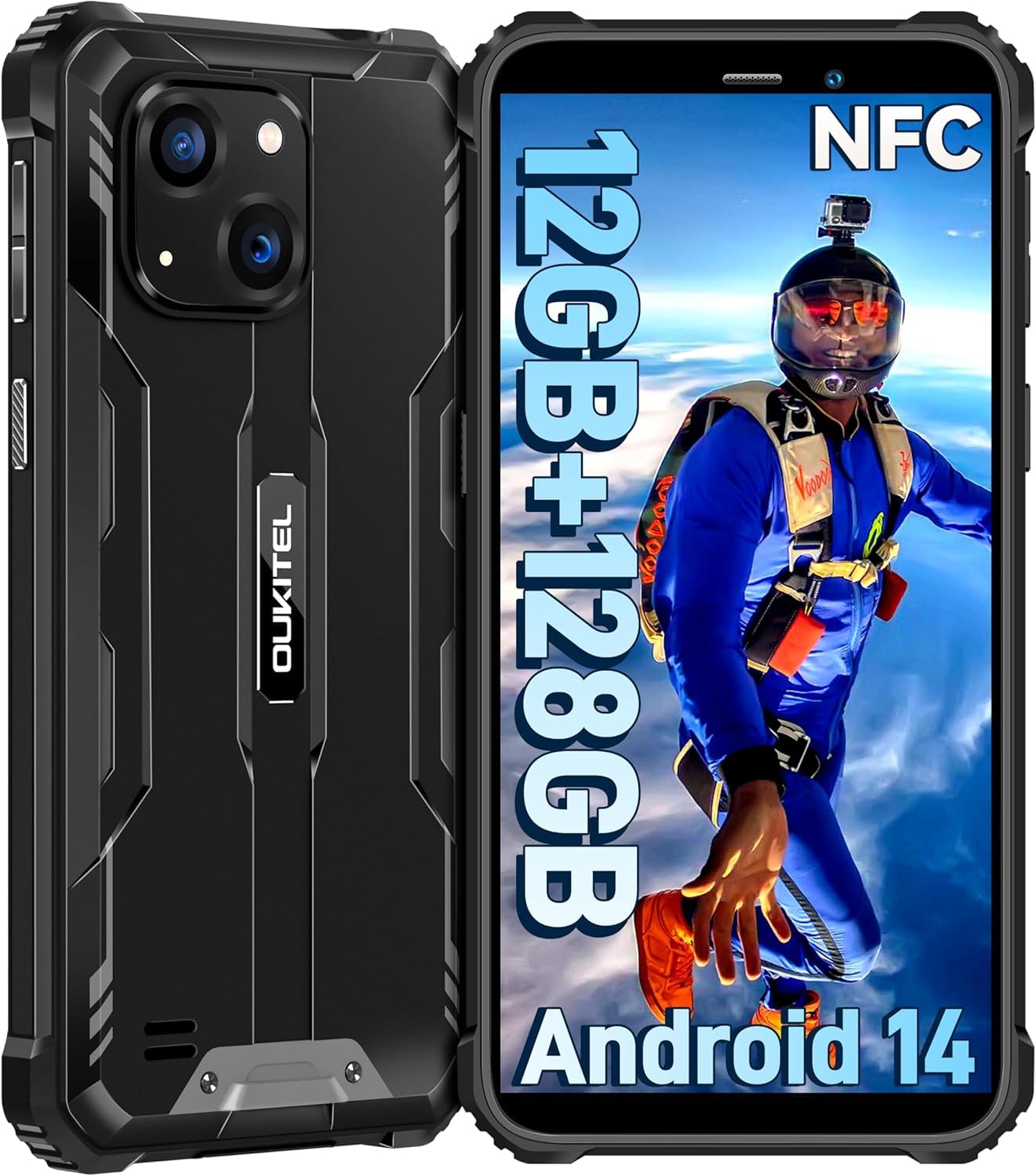 OUKITEL WP32 Rugged Smartphone - 12GB(4+8) RAM + 128GB ROM/1TB Telefono Indistruttibile Android 15-6.0" HD+ 6300mAh Akku Cellulare Impermeabile IP68 20MP + 5MP Dual Camera/Face ID/NFC/OTG/GPS Nero