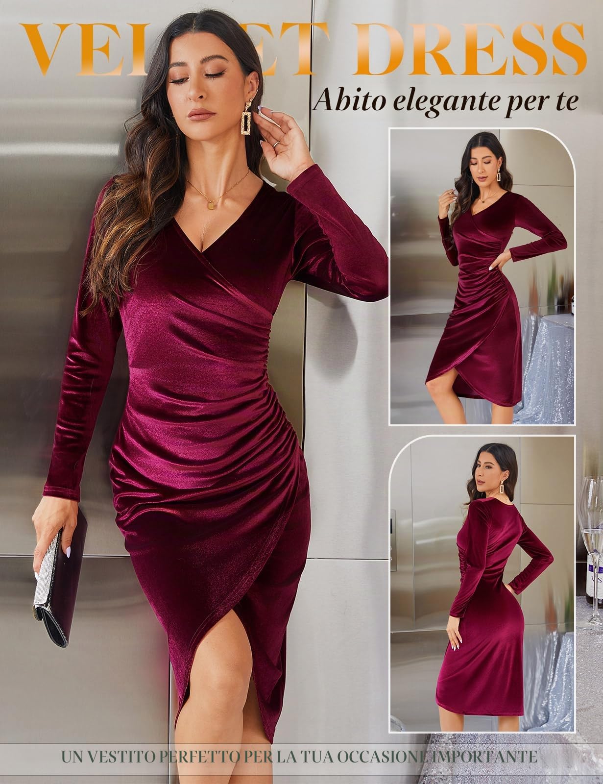 CMTOP Abito Elegante Donna Vestito Velluto Invernale Abito da Donna Manica Lunga con Scollo a V Sexy Abiti da Sera Lunghi Maxi Abito da Cocktail Cerimonia Feste Autunno e Inverno